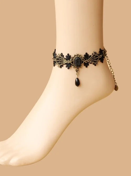 Fashion Gothic Retro Black Lace Gemstone Female Anklet