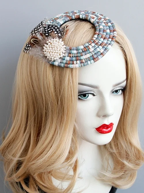 Fashion Ladies Handmade Blue Beaded Feathers Pearl Halloween Little Top Hat