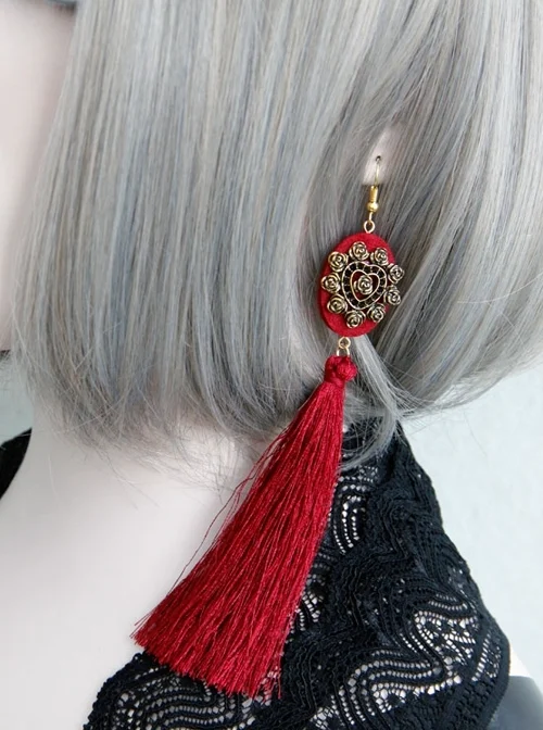 Fashion Personality Gothic Red Fabric Retro Love Long Exaggerated Tassel Earrings