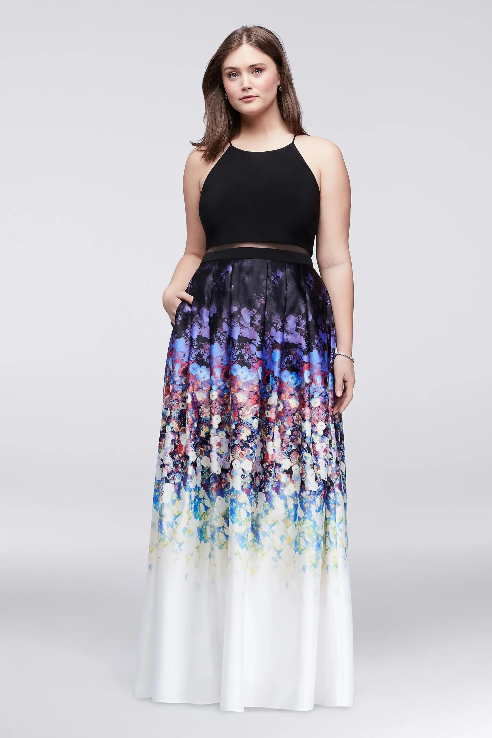 Faux Two-Piece Halter Dress with Floral Skirt