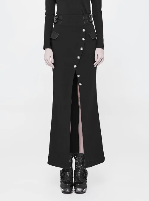 Fine Twill Weave Waist Head Leather Hasp Metal Button Split Hem Black Punk Tight Long Skirt