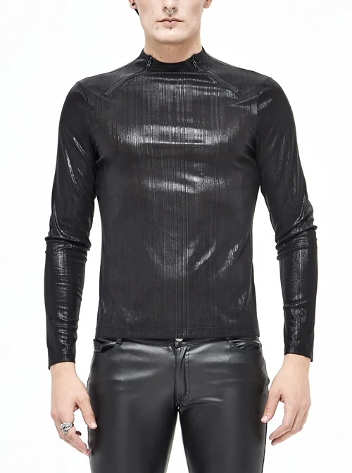 Fine Vertical Lines Slightly Shiny Stretch Fabric Zipper Long Sleeve Black Punk Tight T-Shirt
