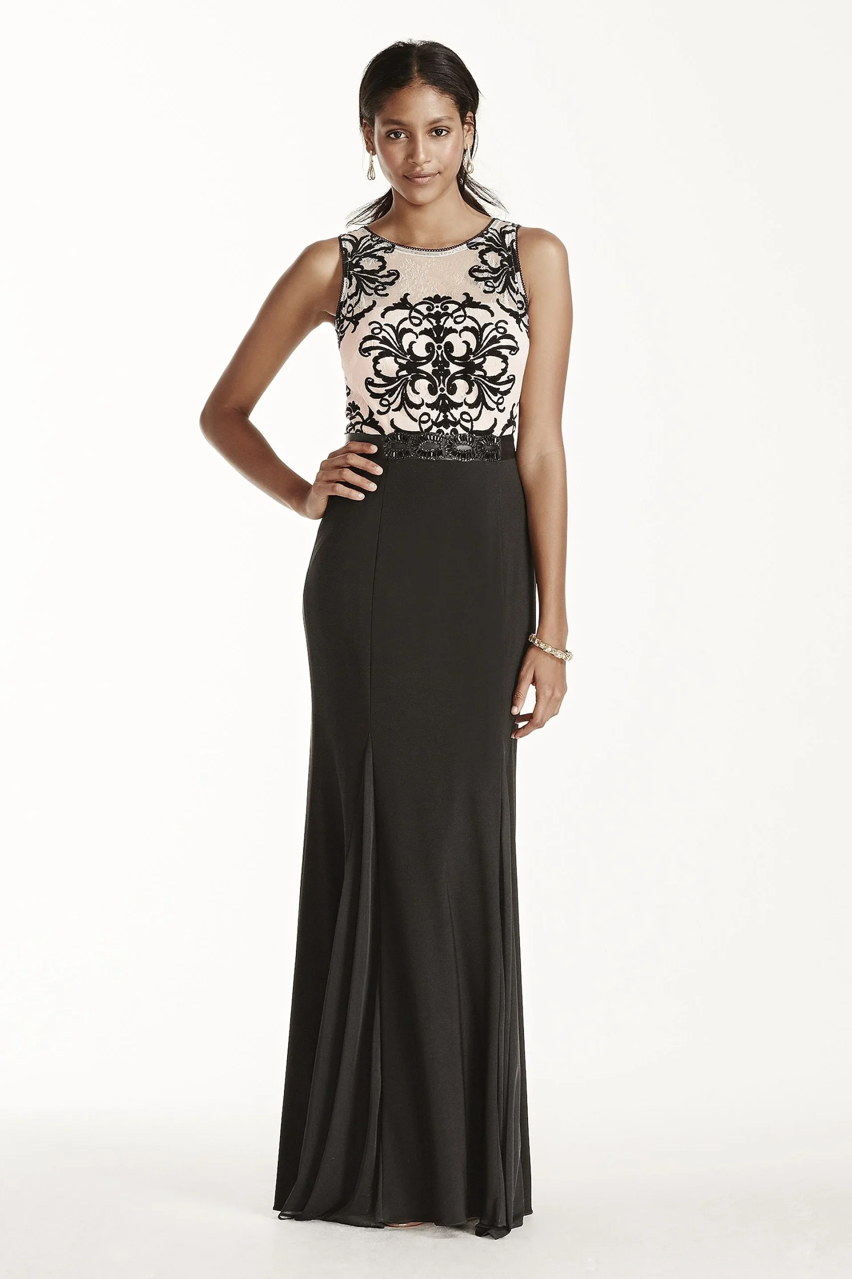 Flocked Tank Bodice Jersey Dress with Beaded Sash