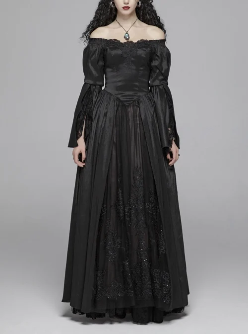 Flocking Lace Splice Positioning Sequins Embroidery Mesh Off-Shoulder Lace Cuff Back Lace-Up Black Gothic Maxi Dress