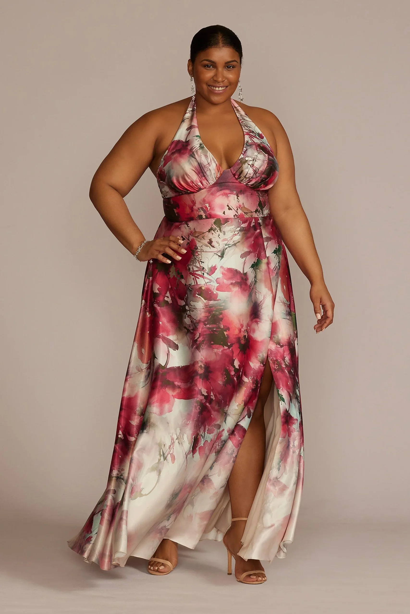 Floor Length Floral Print Halter Dress with Slit