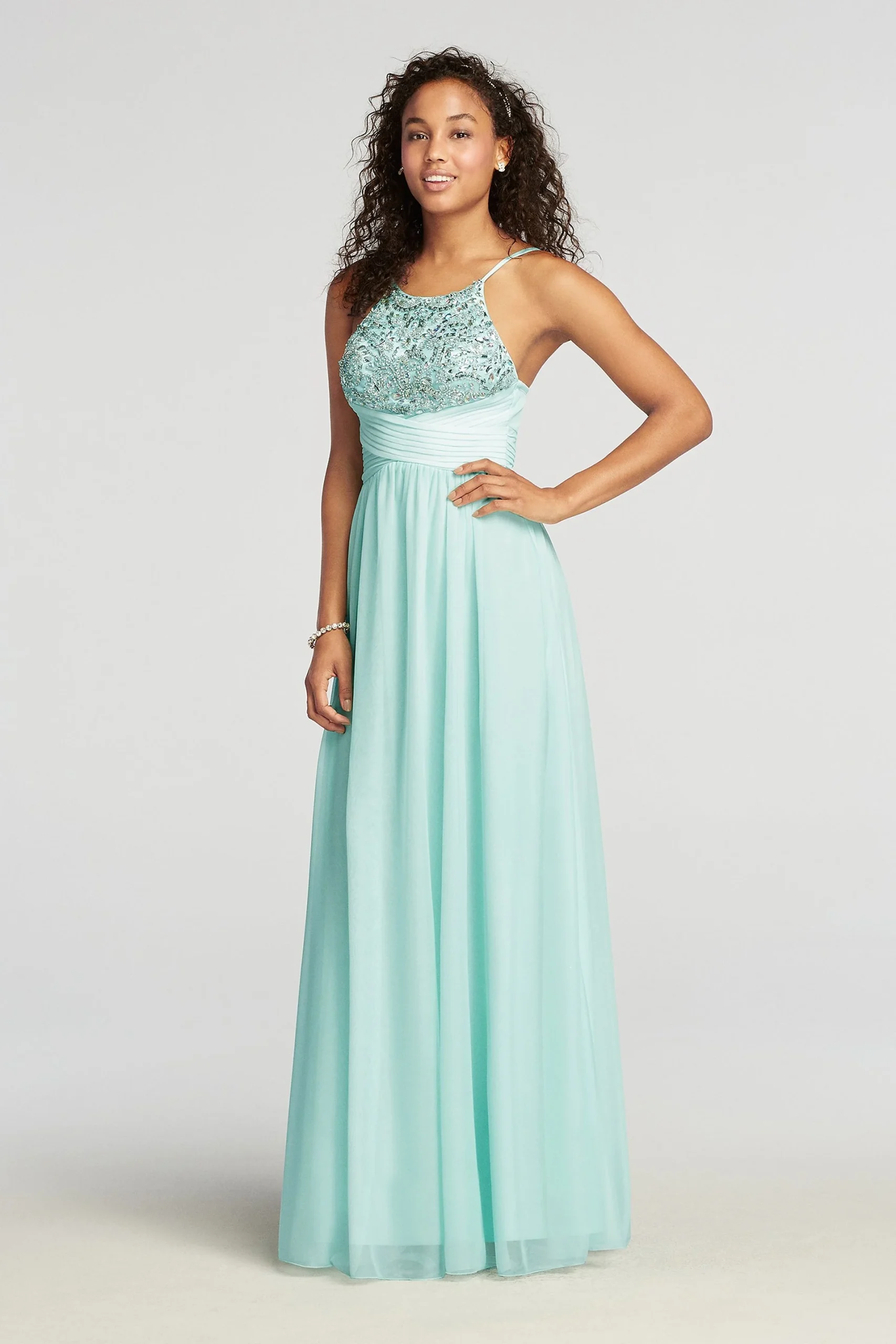 Floor Length Halter Mesh Prom Dress with Beading