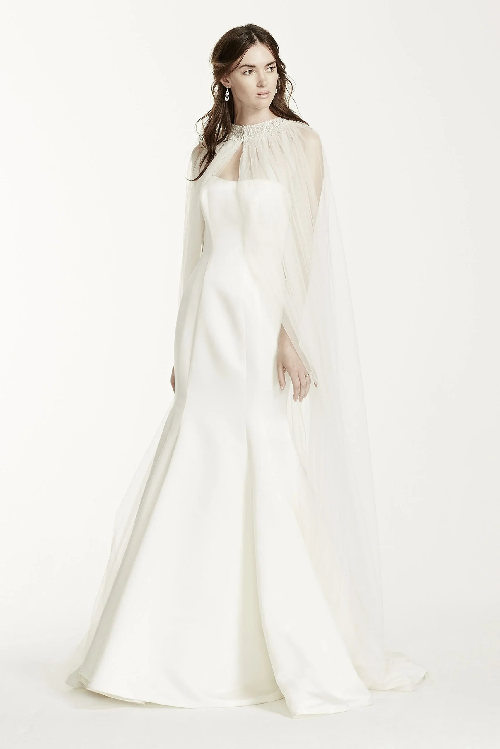 Floor Length Tulle Cape with Beaded Neckline