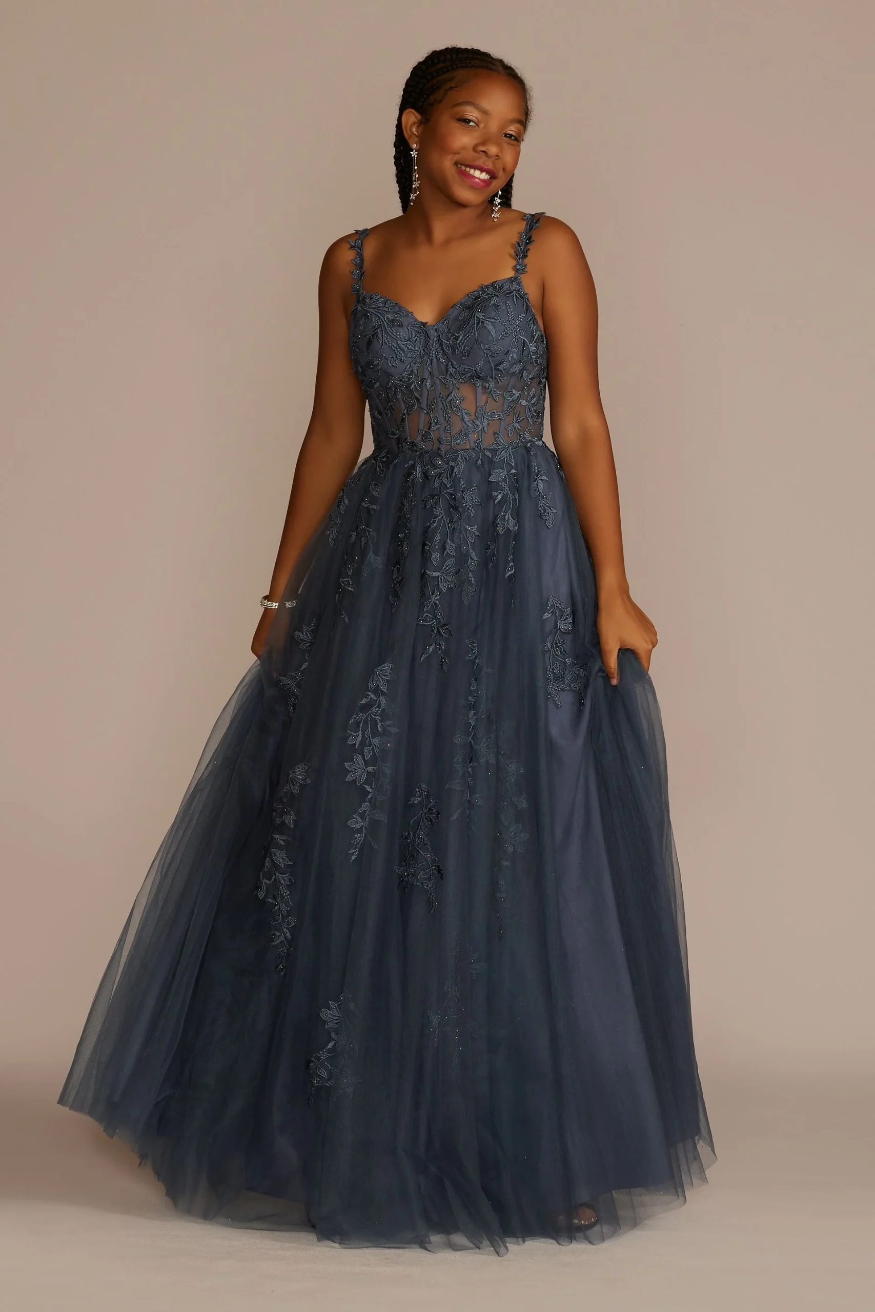 Floral Applique Ballgown with Illusion Corset