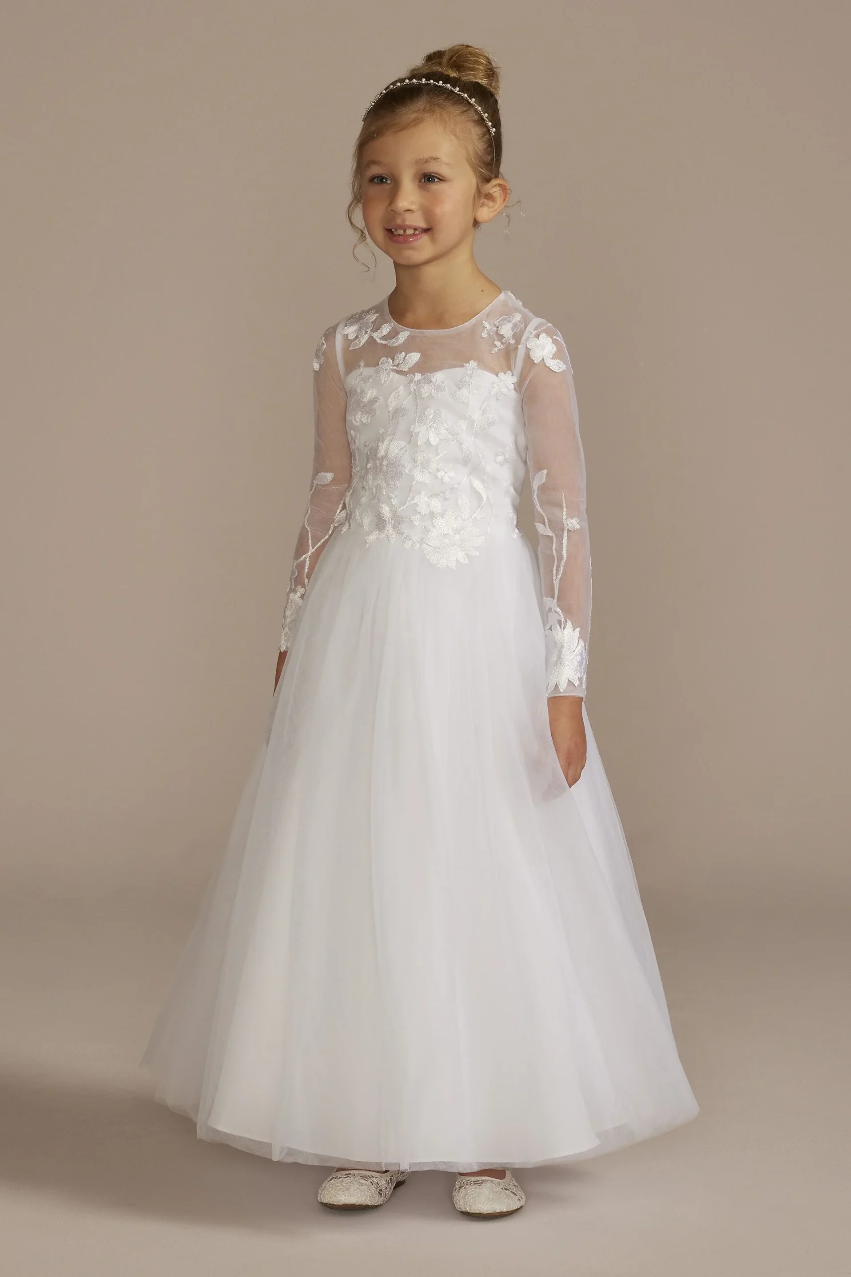 Floral Applique Long Sleeve Communion Dress