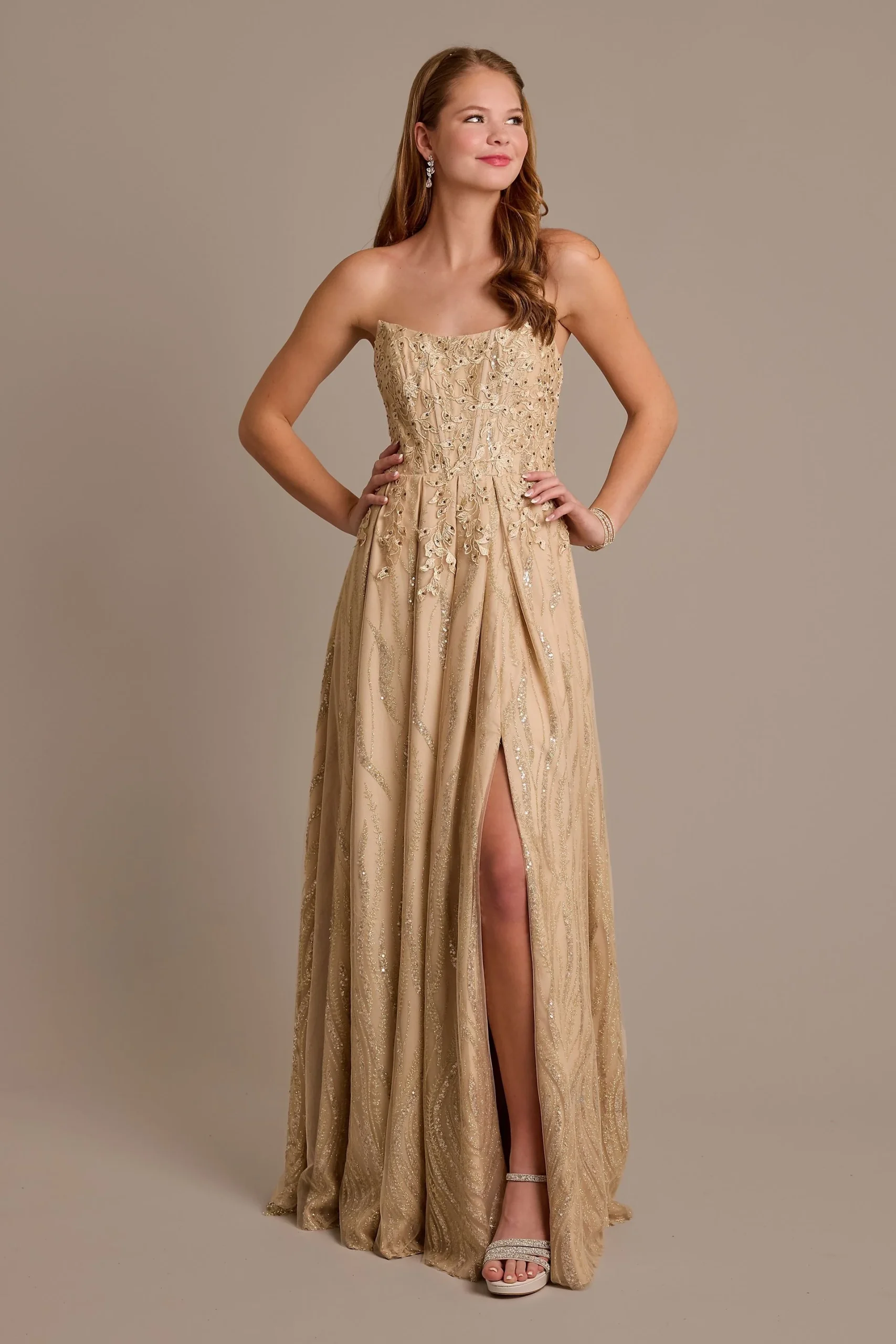 Floral Applique Strapless Ball Gown