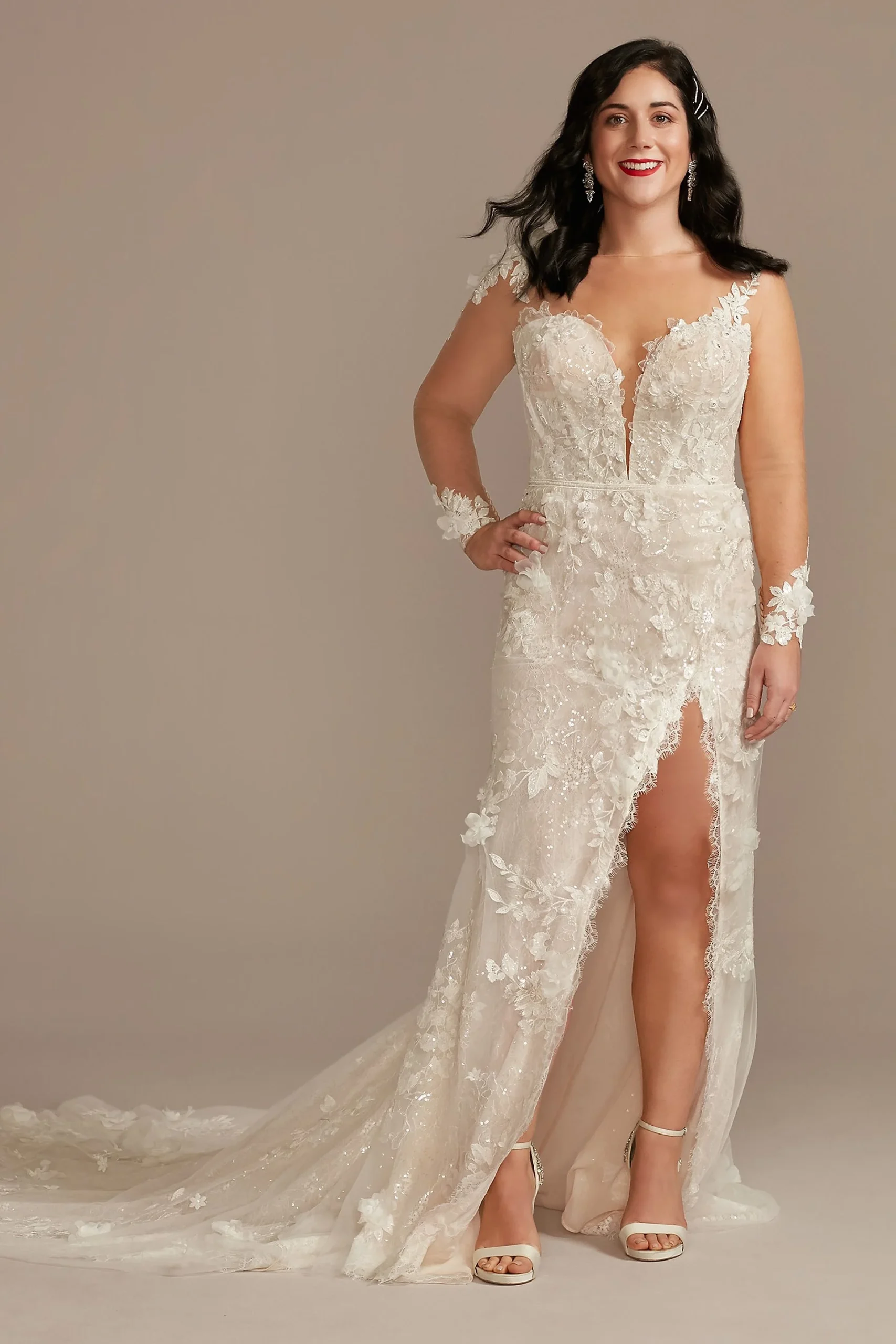 Floral Applique Wedding Dress with High Slit