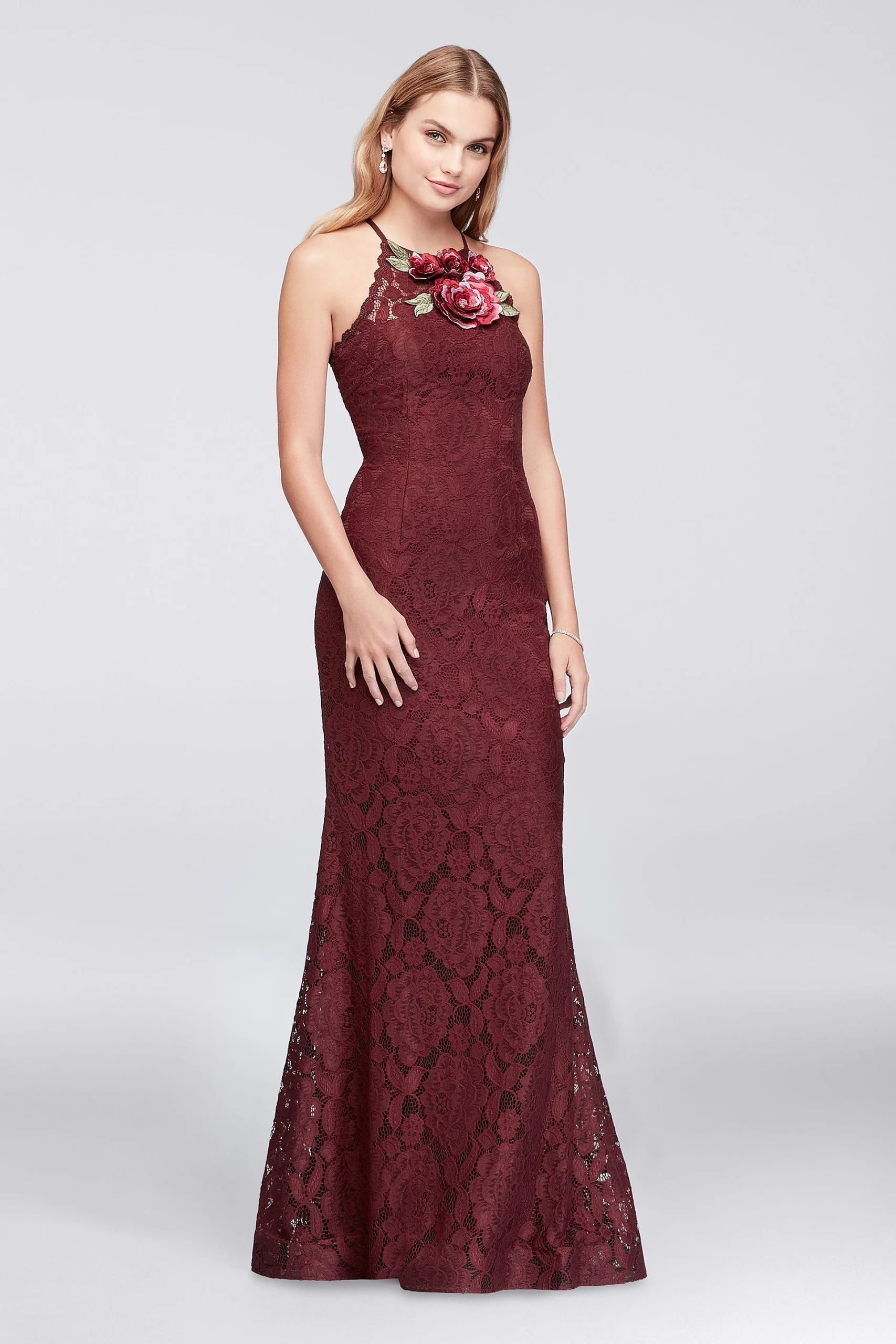 Floral Appliqued Illusion Lace Sheath Gown