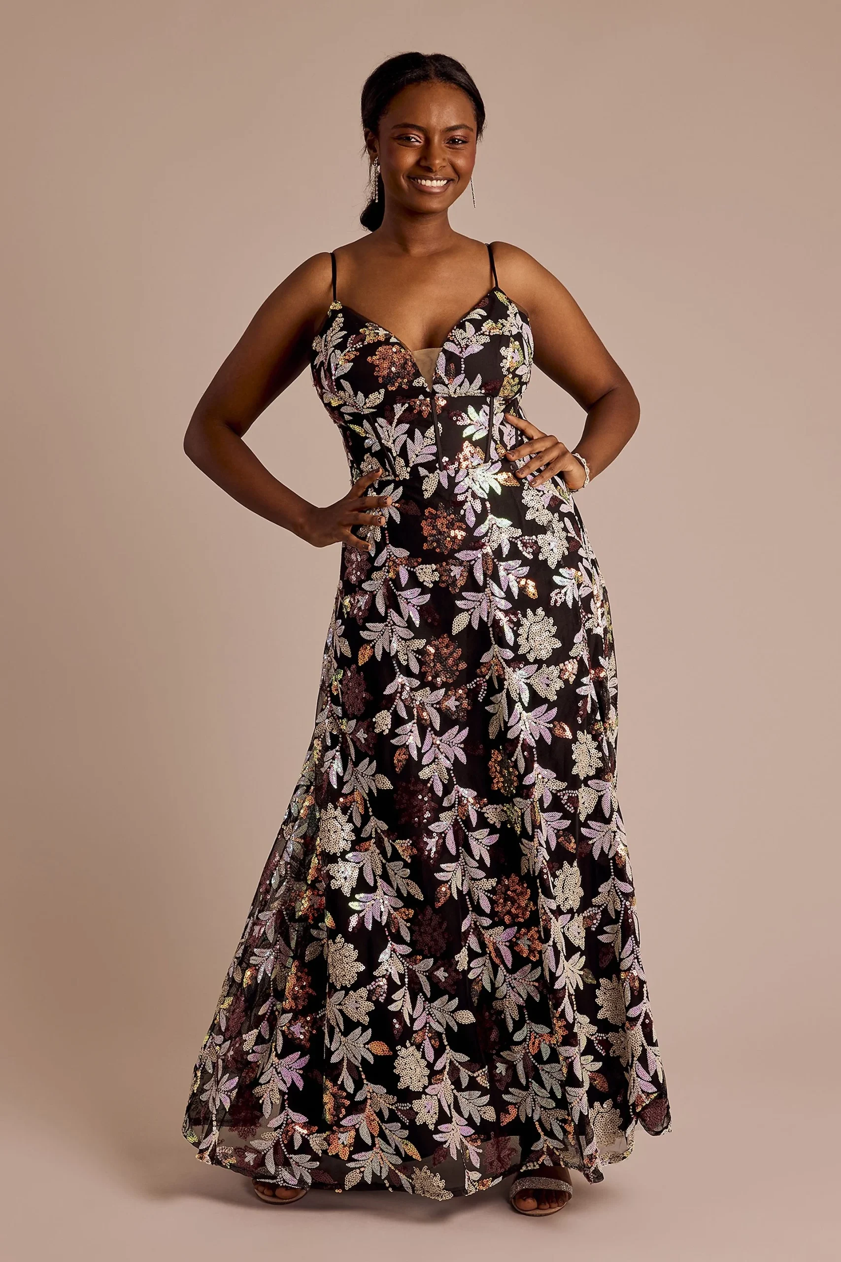 Floral Ball Gown with Skirt Slit
