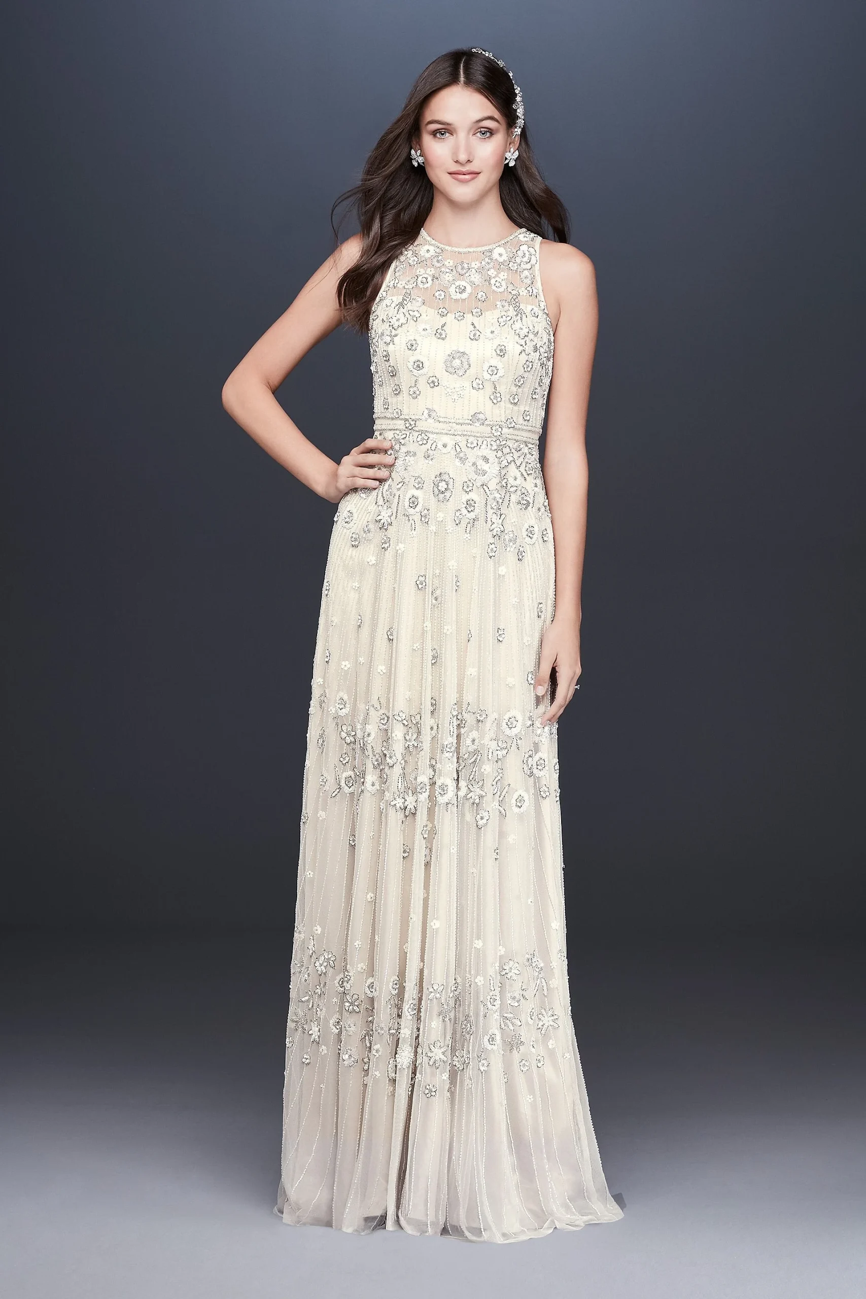 Floral Beaded Tulle Sheath Wedding Dress