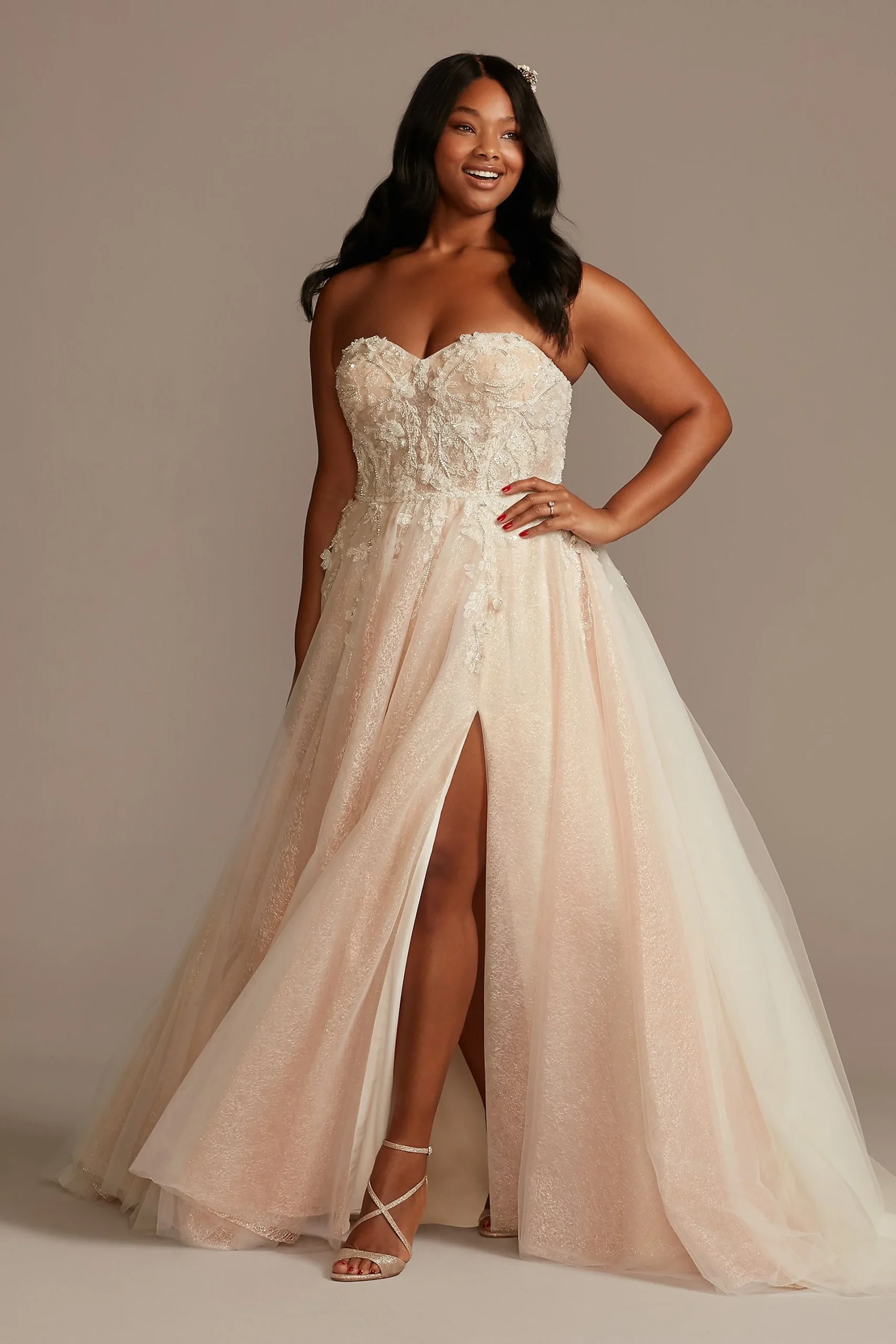 Floral Beaded Wedding Dress with Metallic Tulle