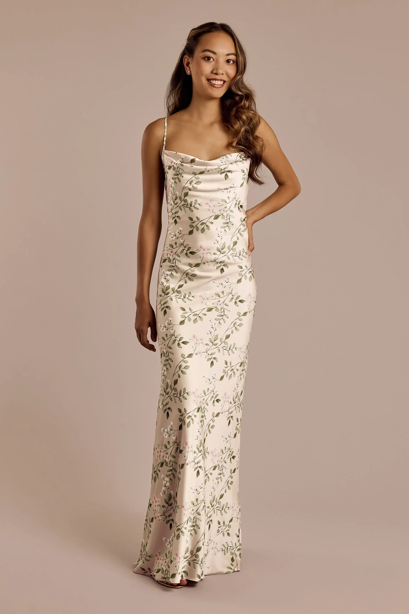Floral Charmeuse Cowl Neck Dress
