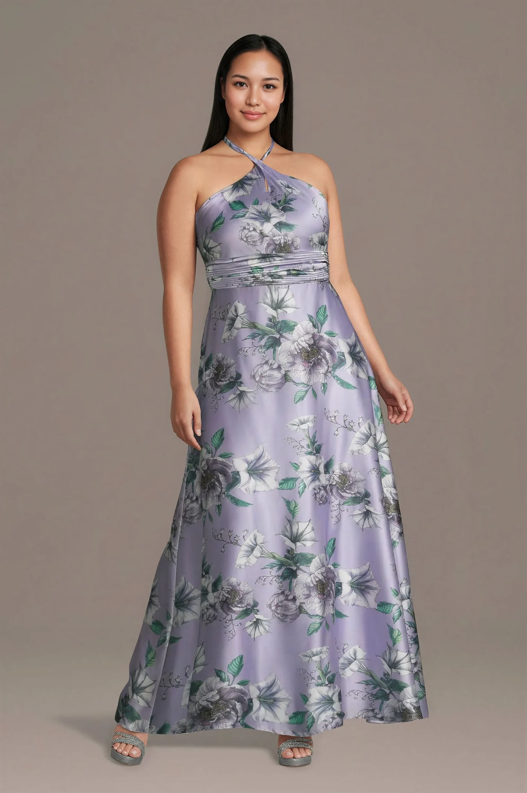 Floral Charmeuse Halter A-Line Dress
