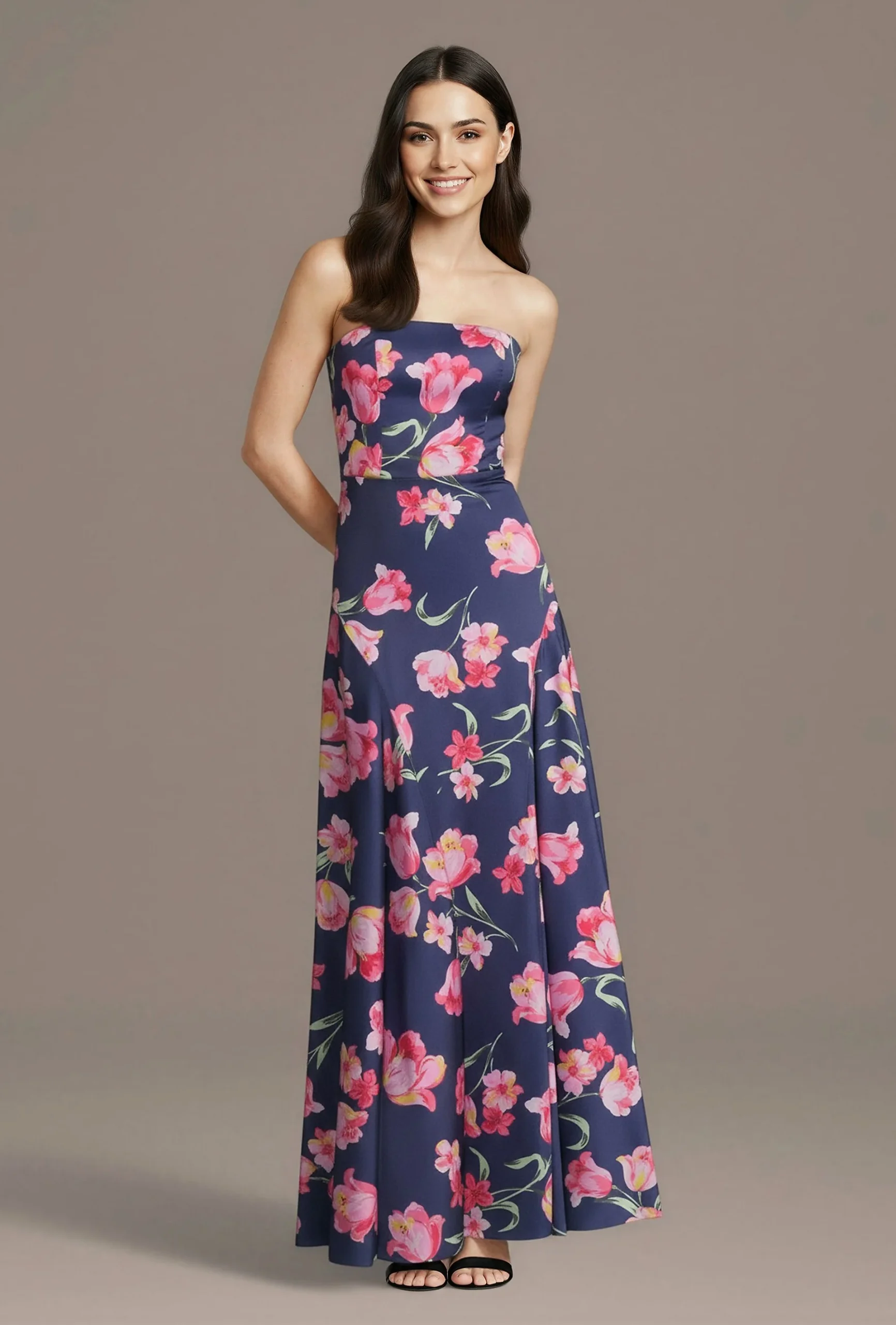 Floral Charmeuse Strapless A-Line Dress