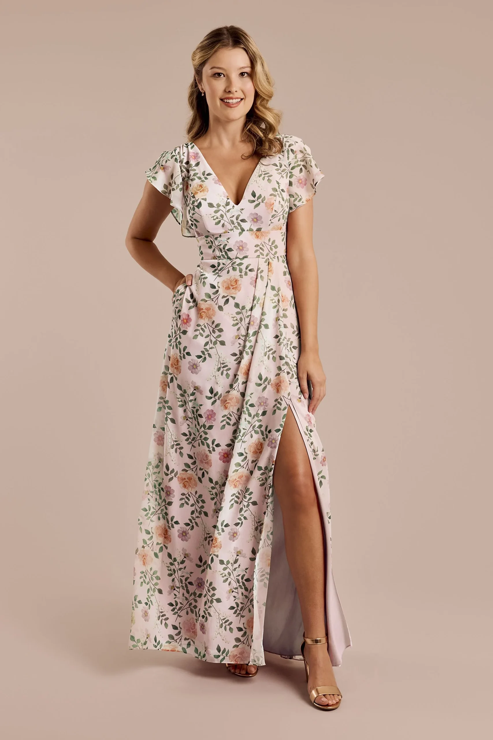 Floral Chiffon Flutter Sleeve V-Neck Dress