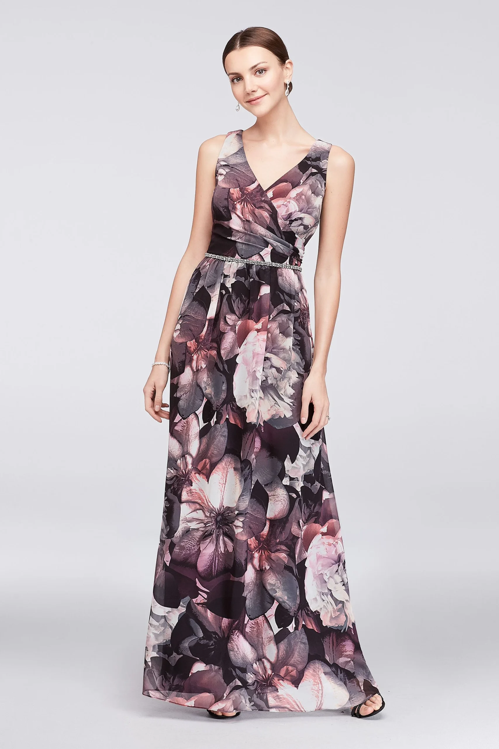 Floral Chiffon Surplice Gown with Beaded Waist