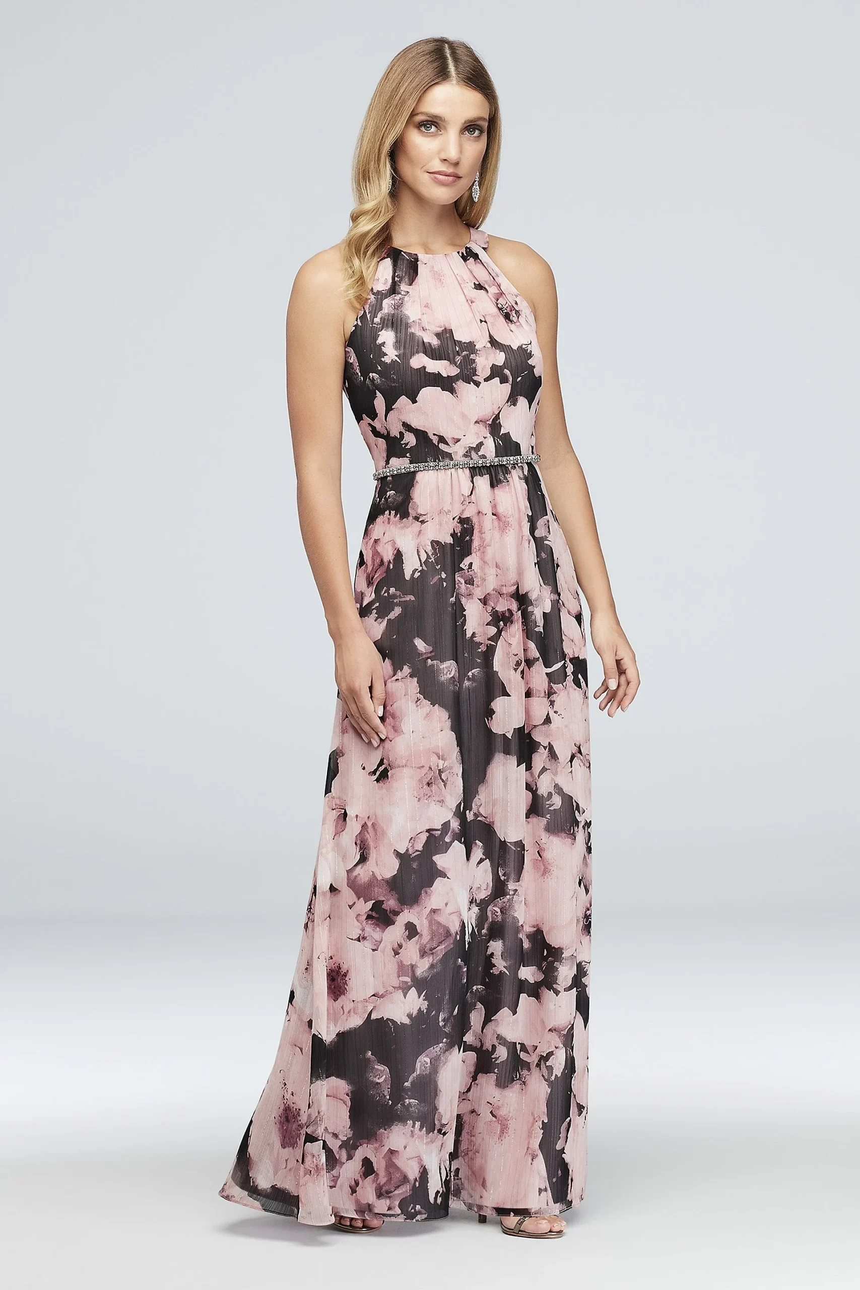Floral Crinkle Chiffon Sheath with Beaded Waist
