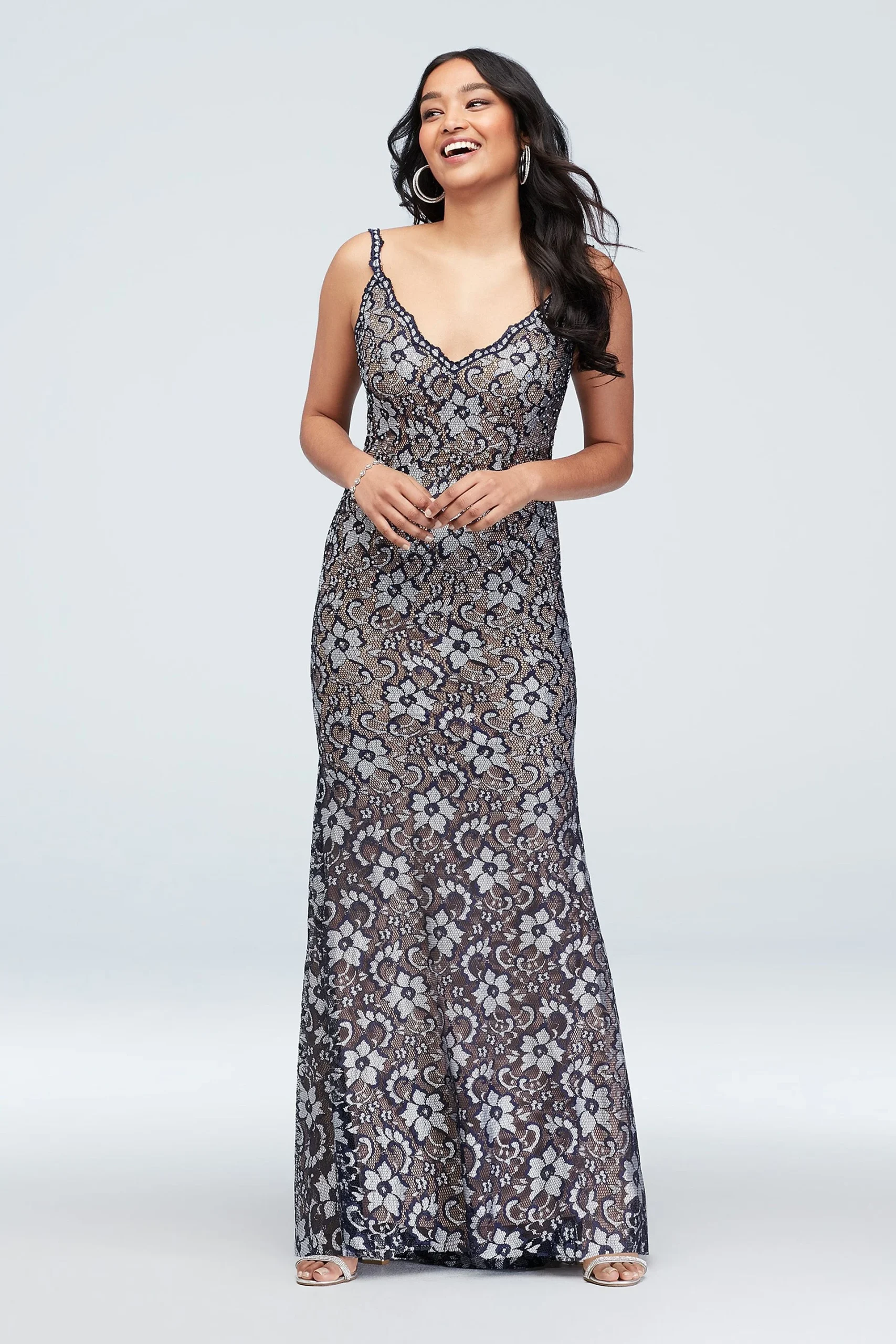 Floral Embellished Deep-V Gown Lace Trim