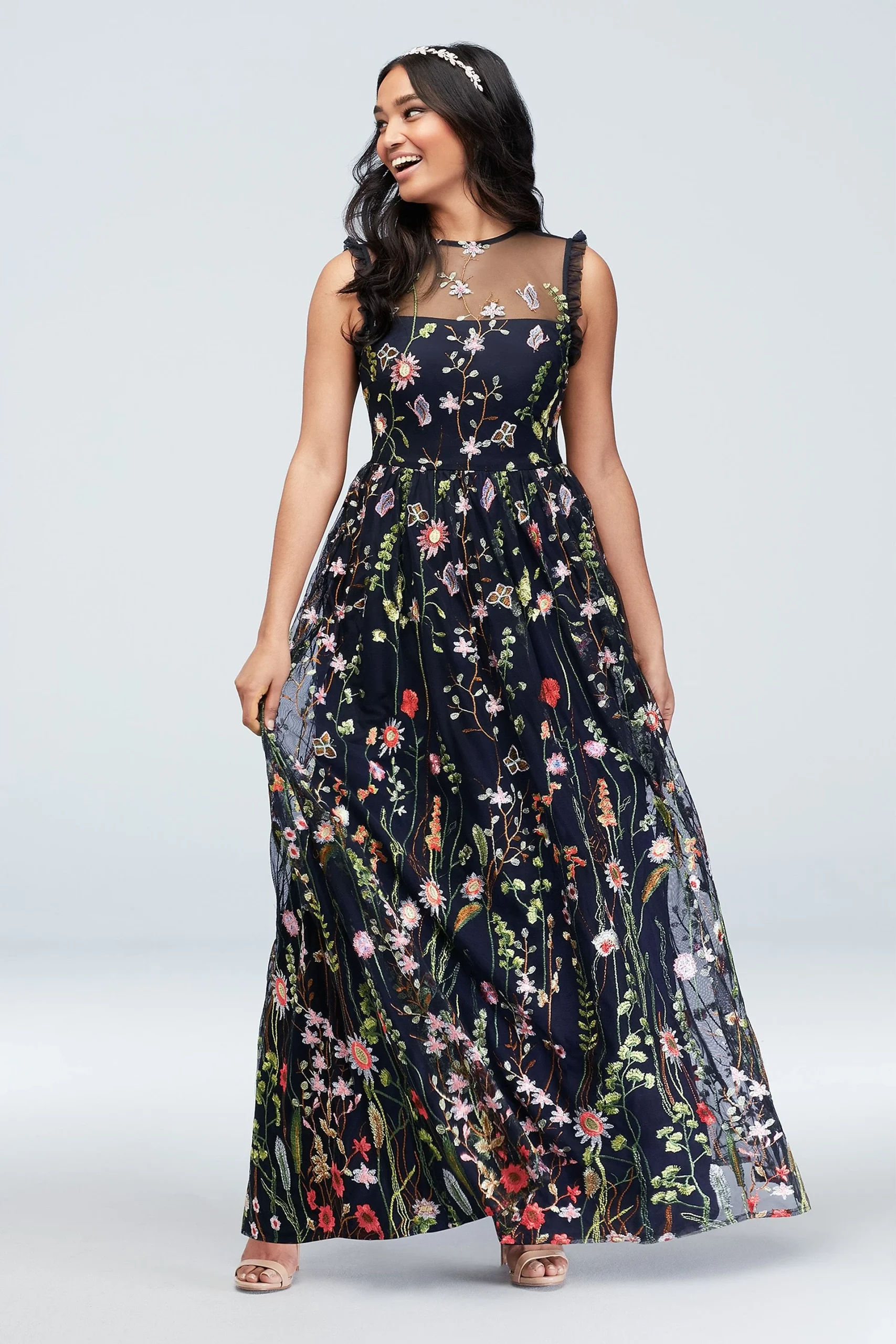 Floral Embroidered High-Neck Illusion Gown