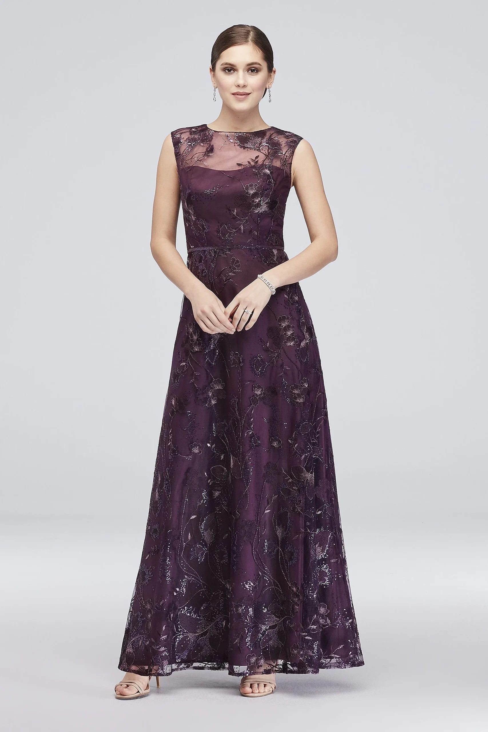 Floral-Embroidered Illusion Ball Gown