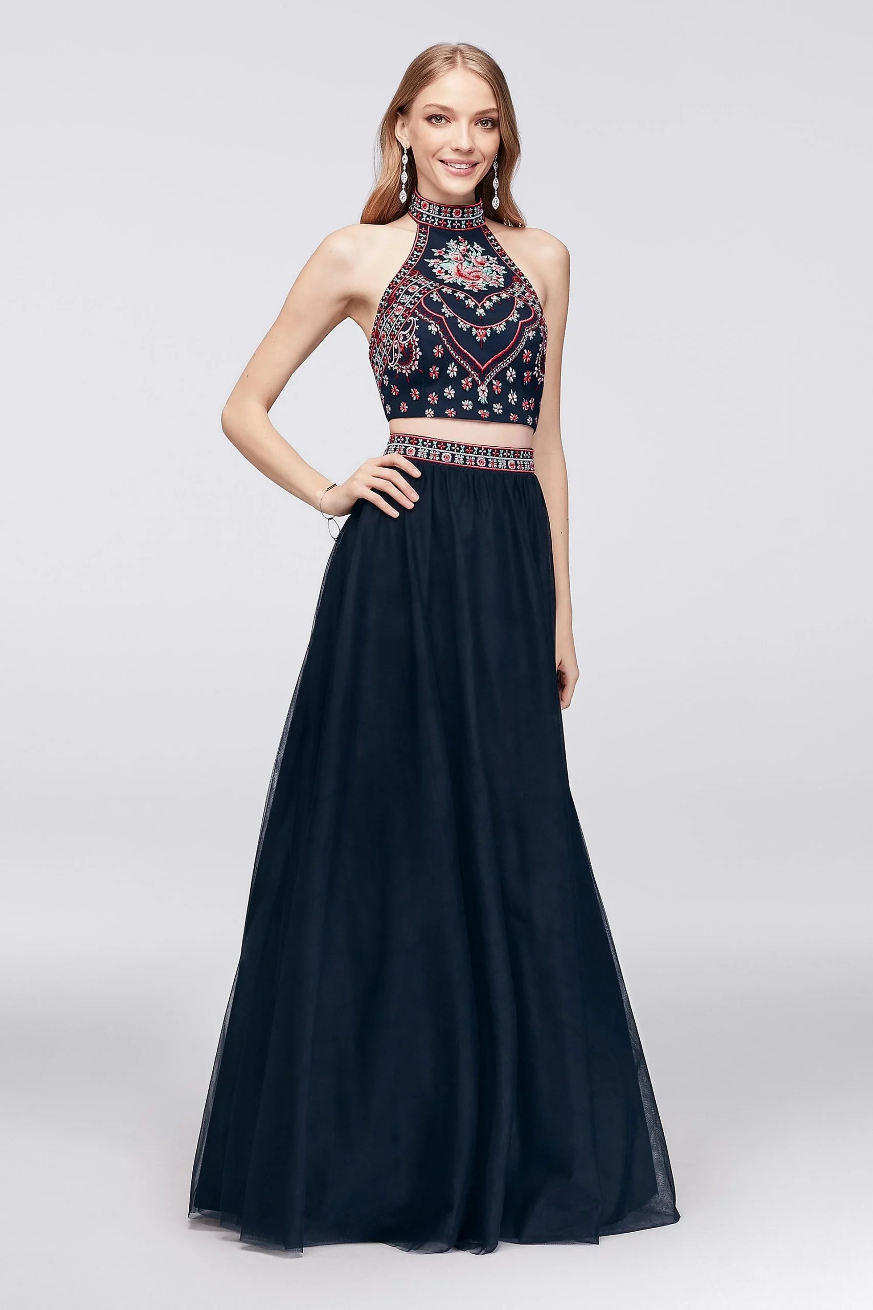 Floral-Embroidered Mesh Two-Piece Ball Gown