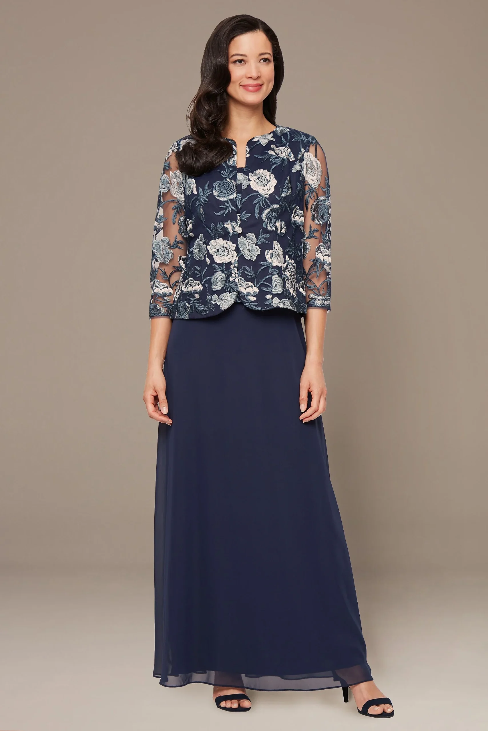 Floral Embroidered Tulle and Chiffon Jacket Dress