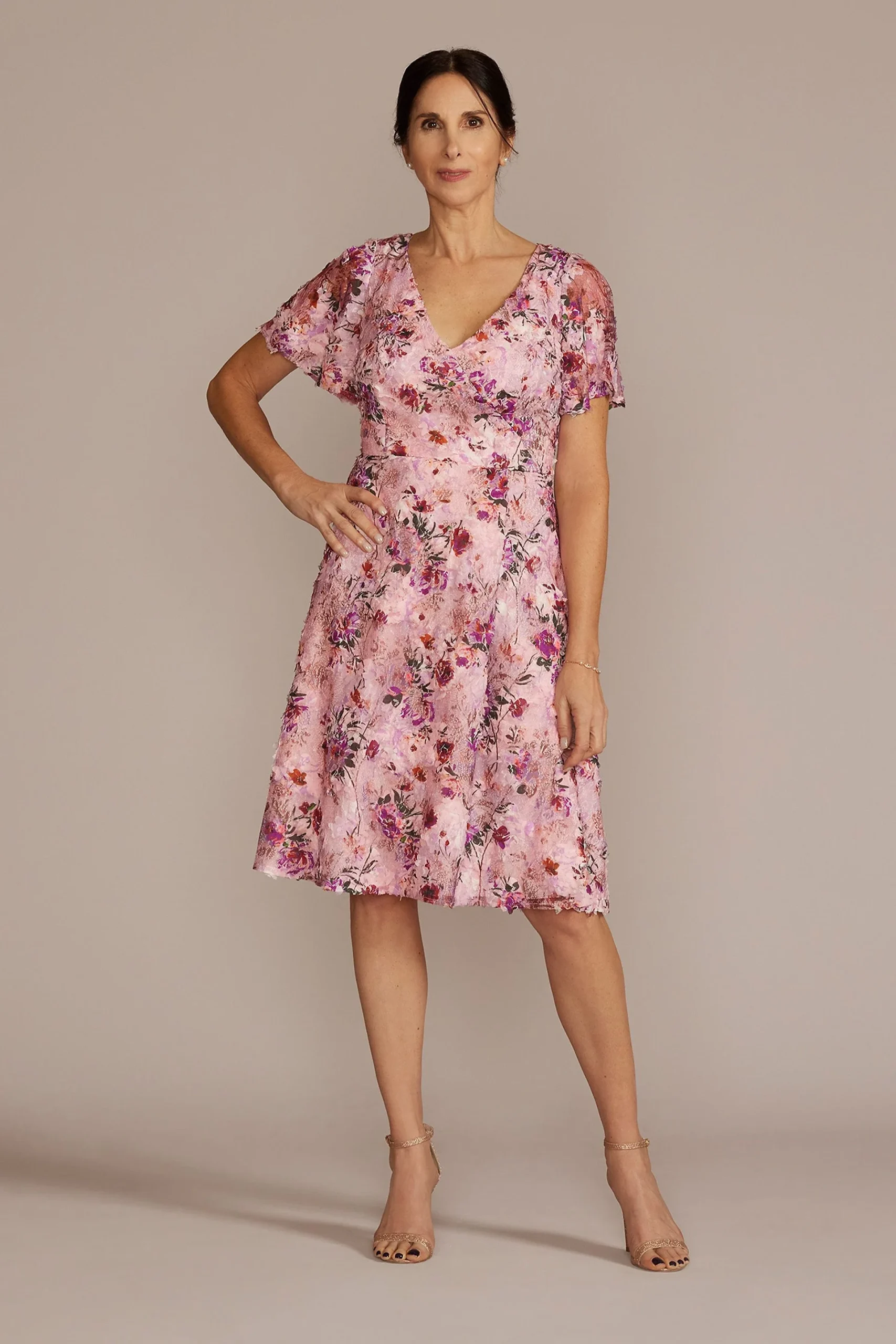 Floral Flutter Sleeve Knee Length A-Line