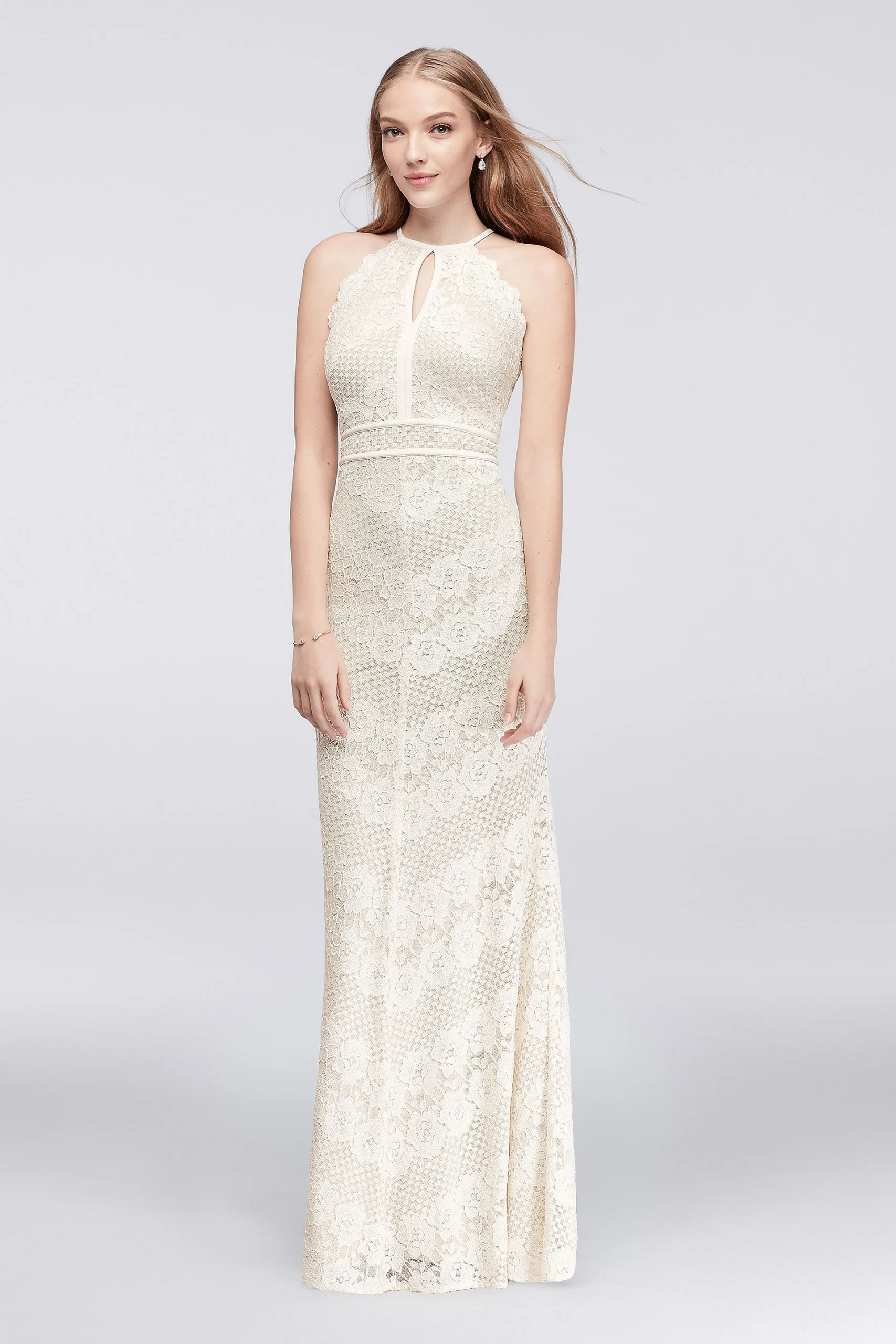 Floral Lace Cross-Back Halter Gown