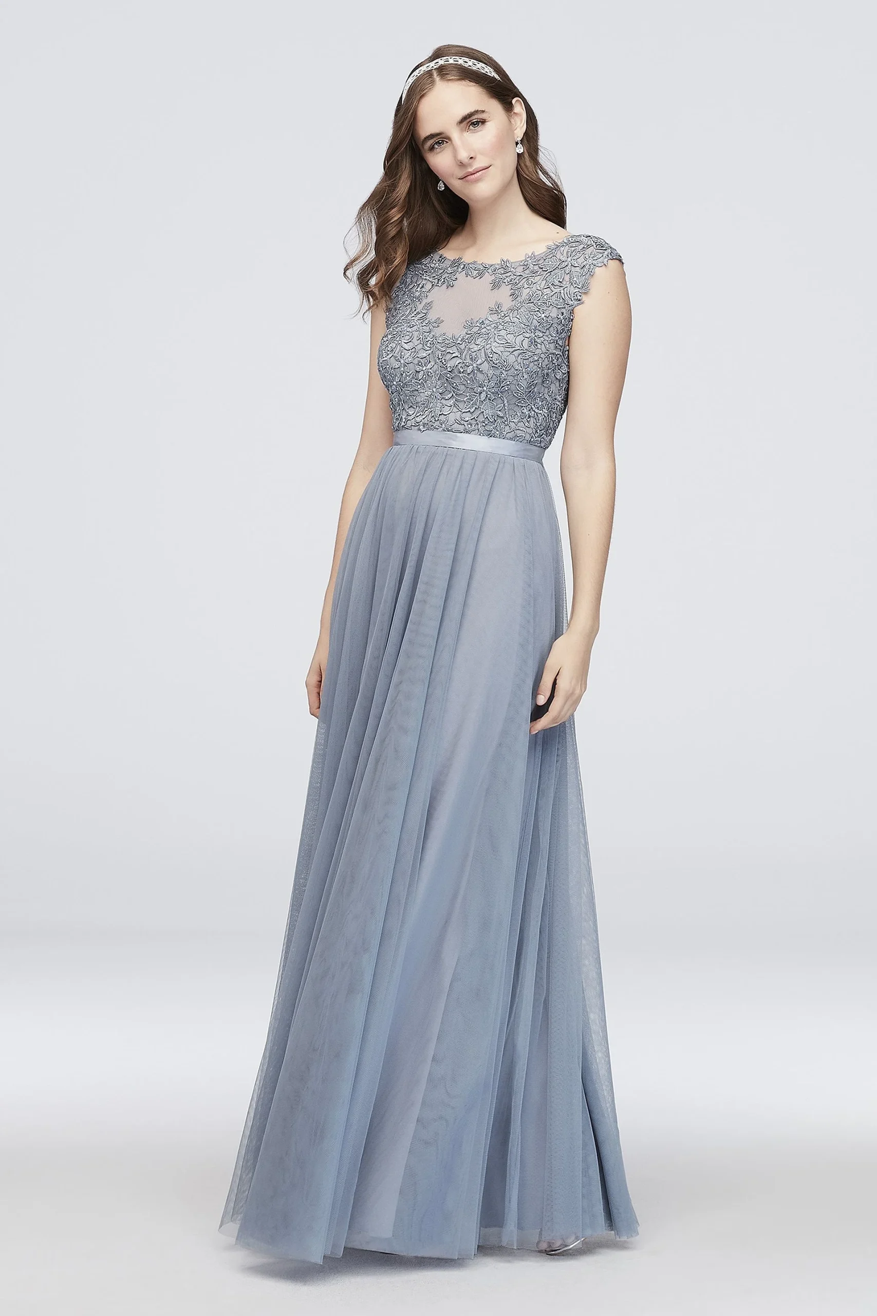 Floral Lace Mesh A-Line Ball Gown with Ribbon