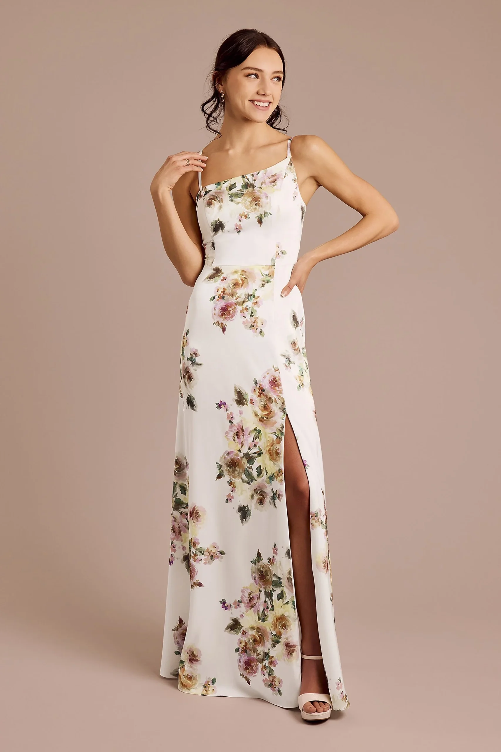 Floral Matte Satin Asymmetrical Strap A-Line Dress