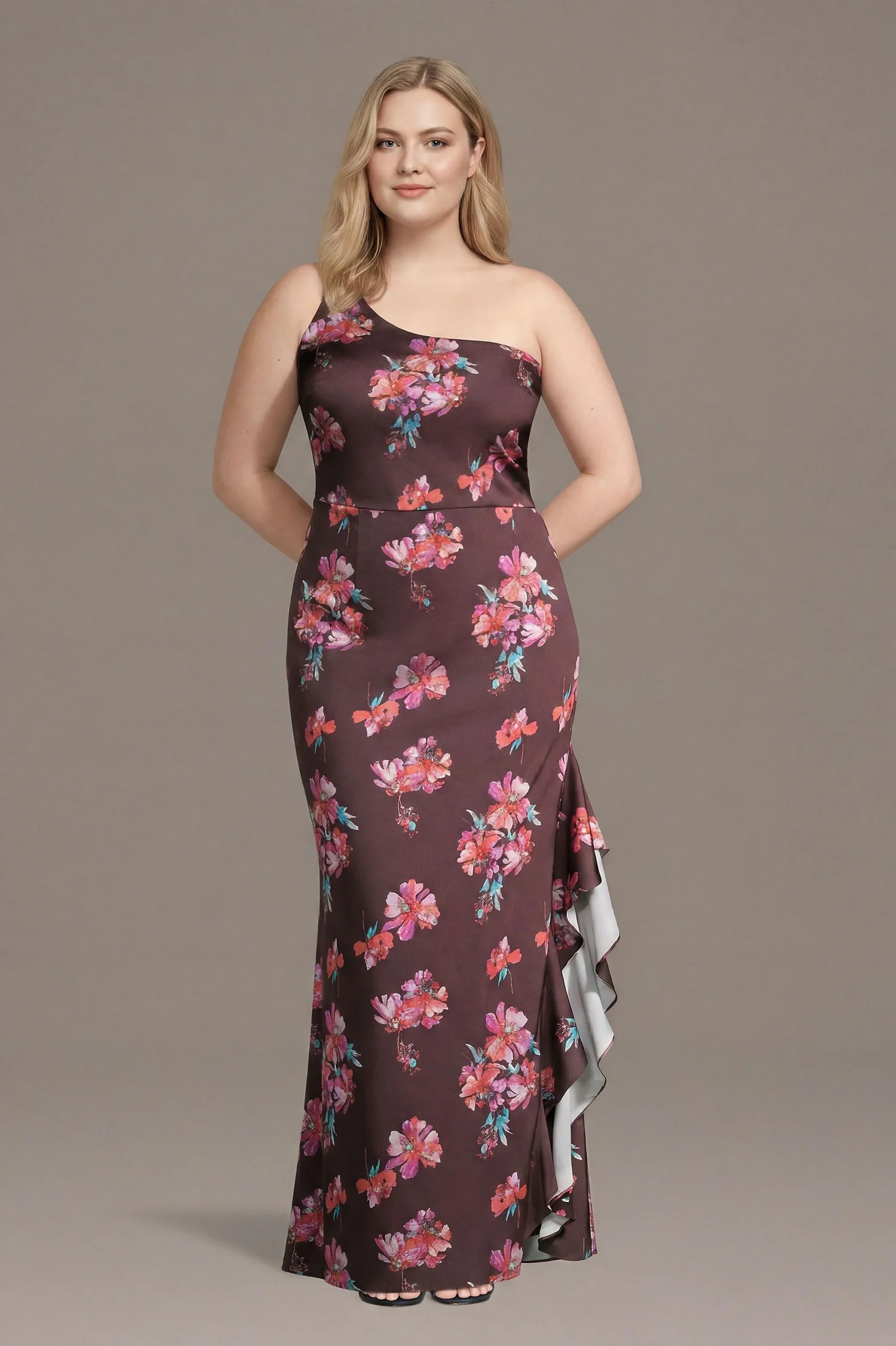 Floral Matte Satin One-Shoulder Sheath with Ruffle