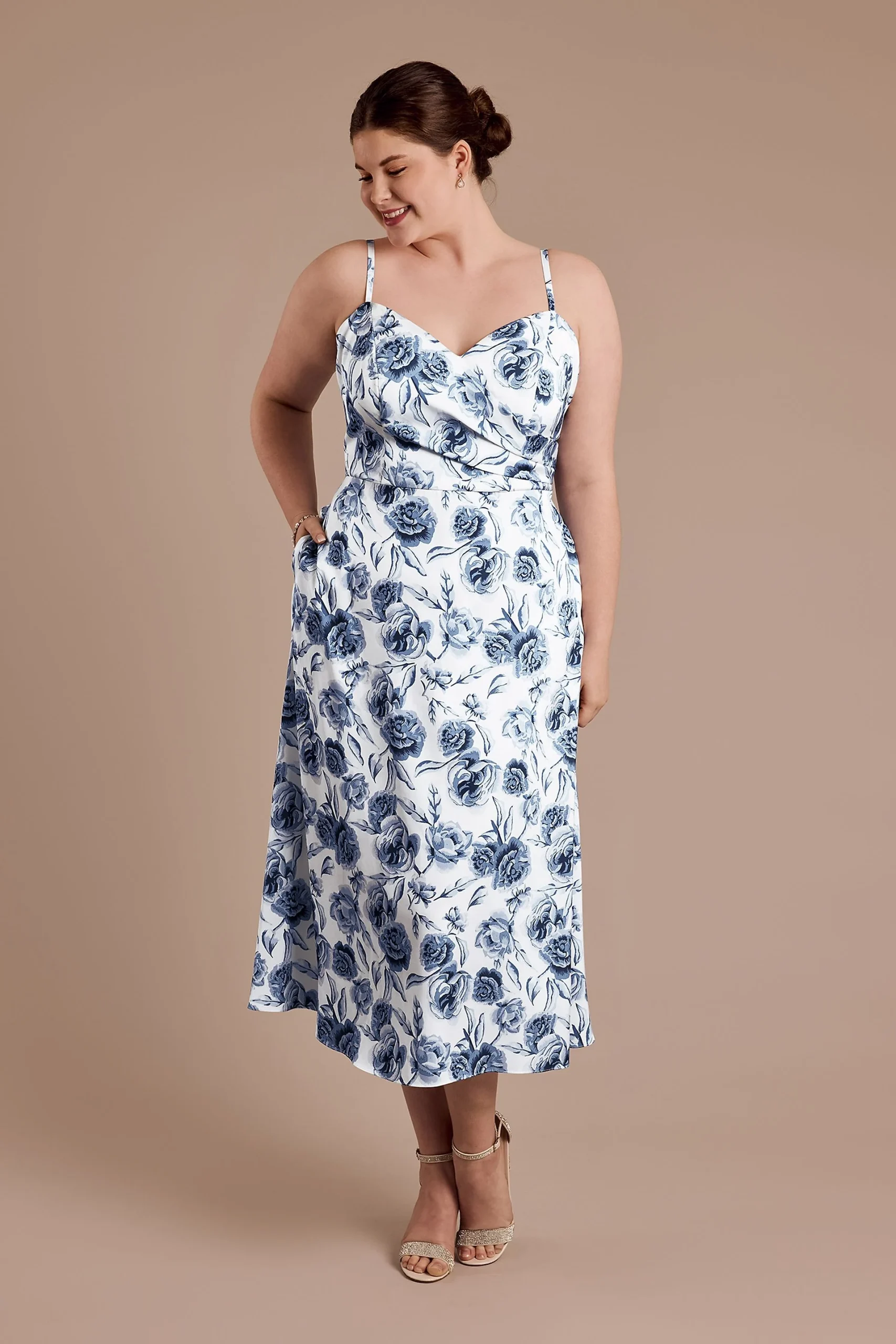 Floral Matte Satin Spaghetti Strap Midi Dress