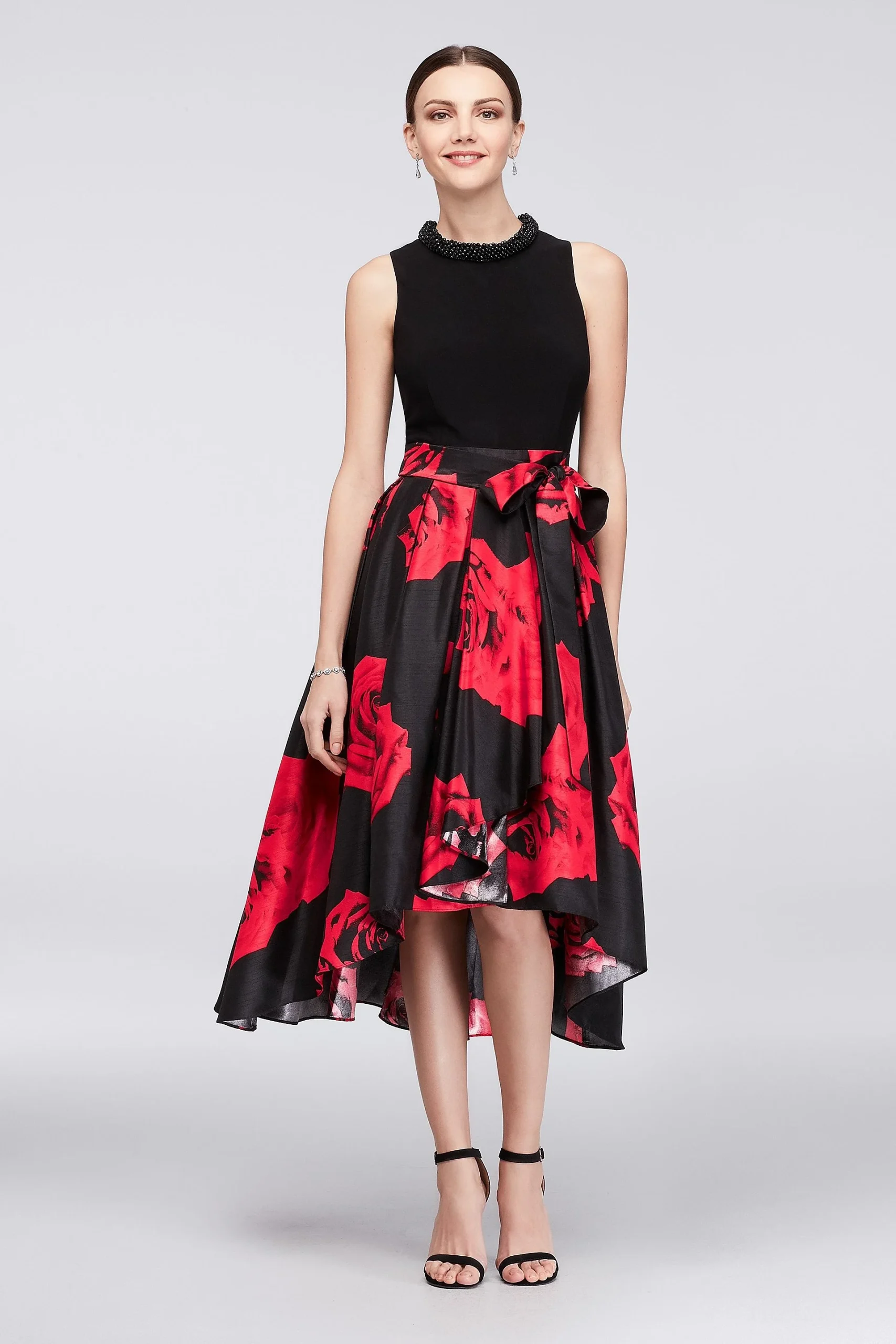 Floral Mikado Ball Gown with Beaded High Neckline