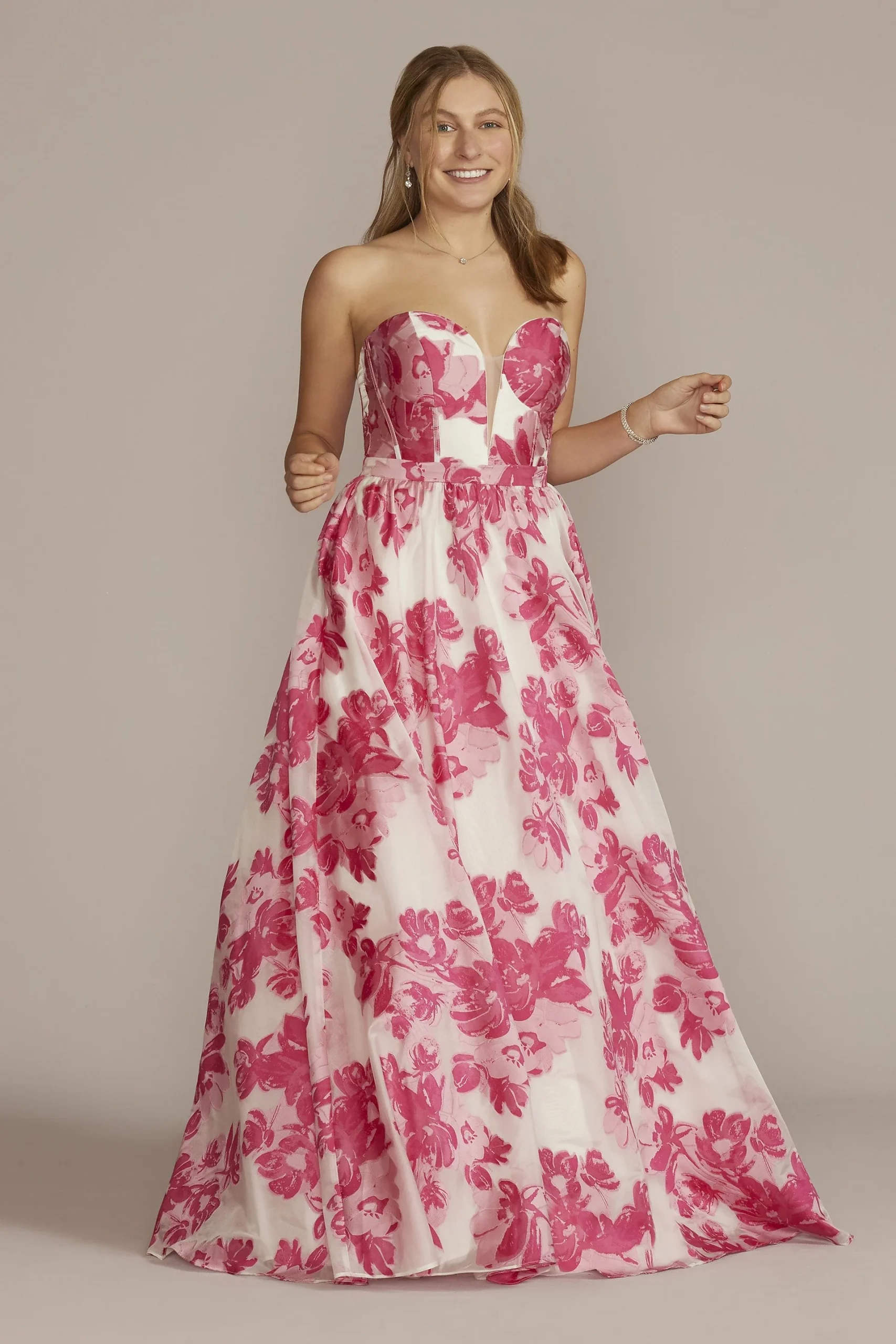 Floral Patterned Strapless Corset Ball Gown