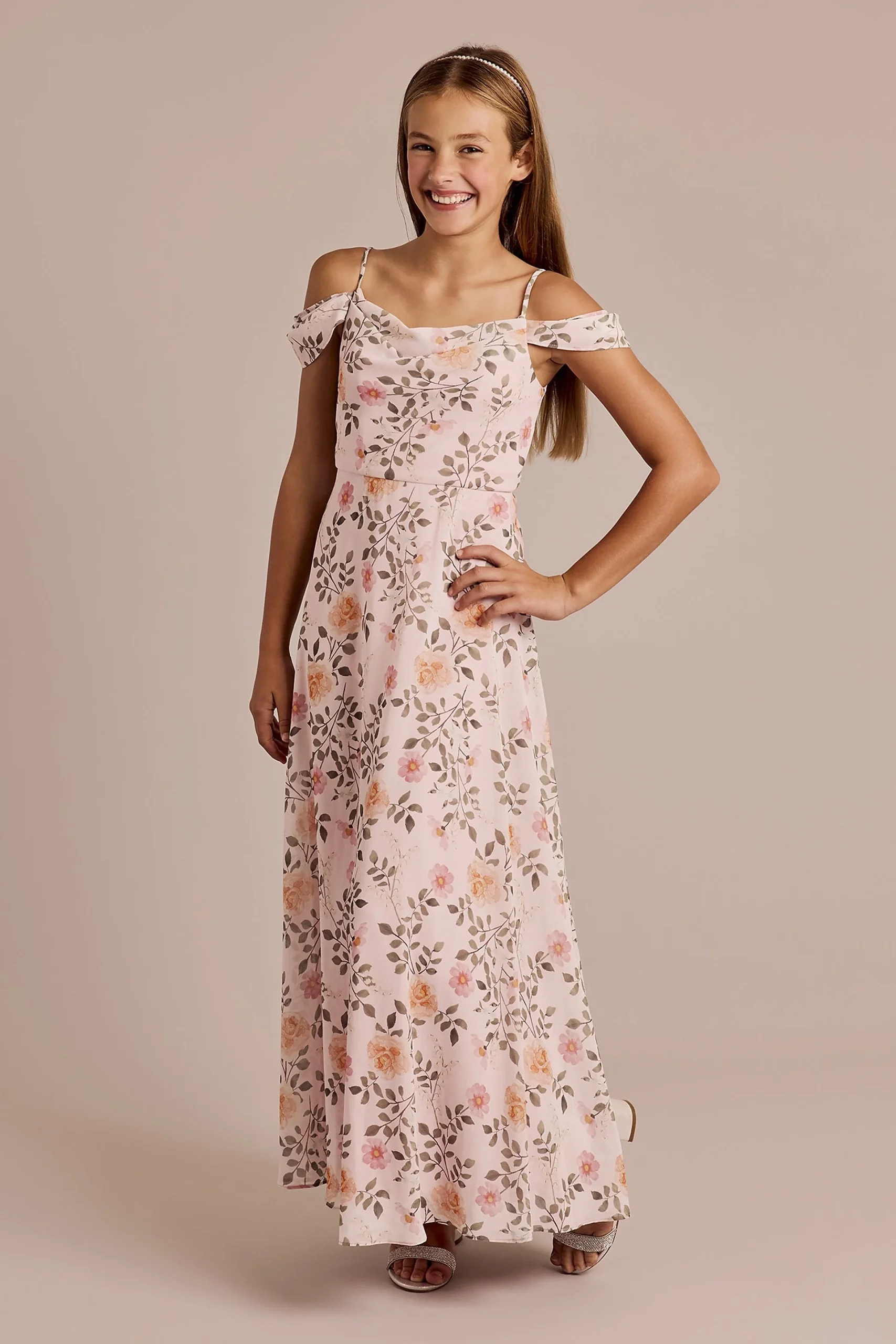 Floral Print Chiffon Swag Sleeve Junior Dress