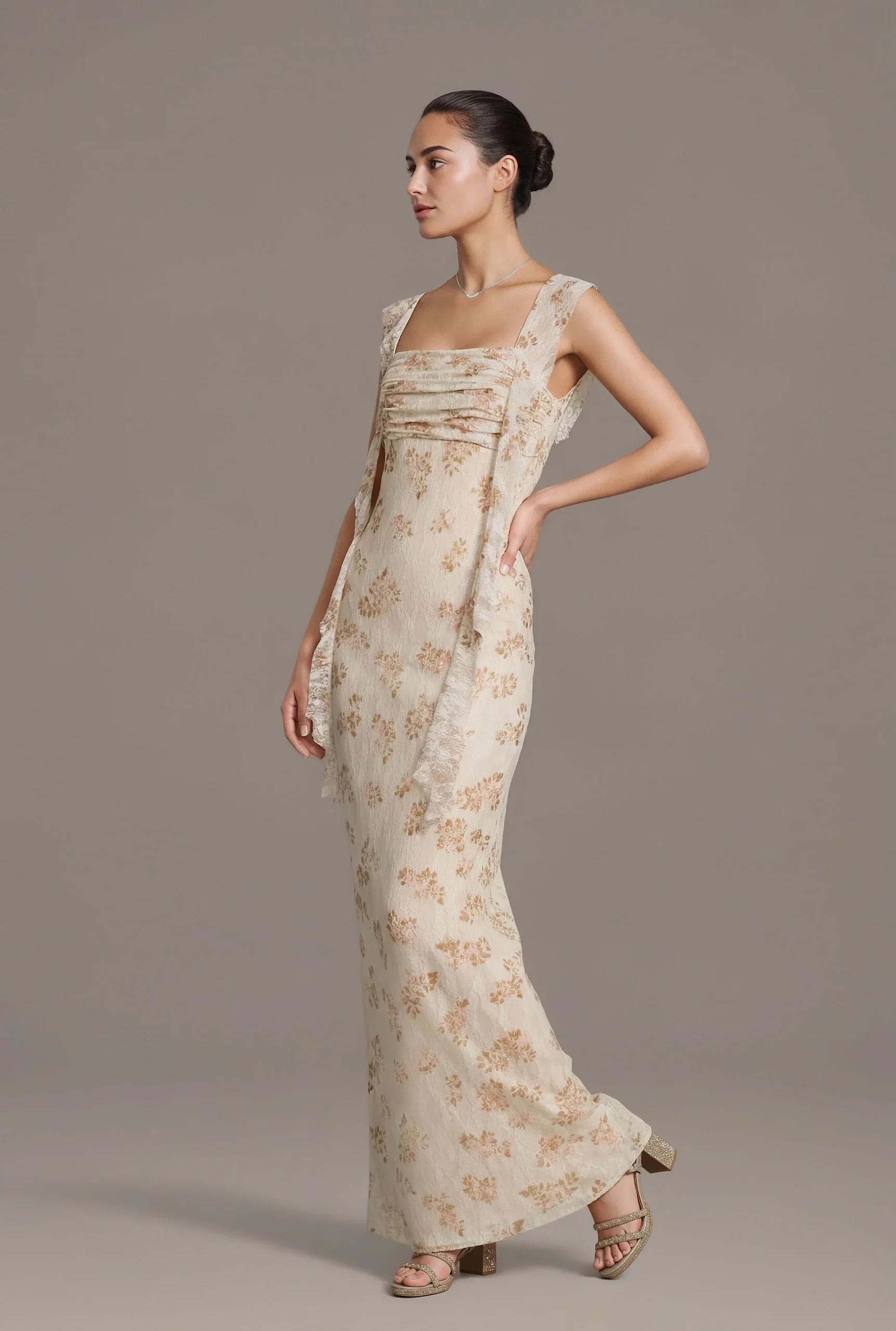 Floral Print Lace Ruffle Sheath Dress