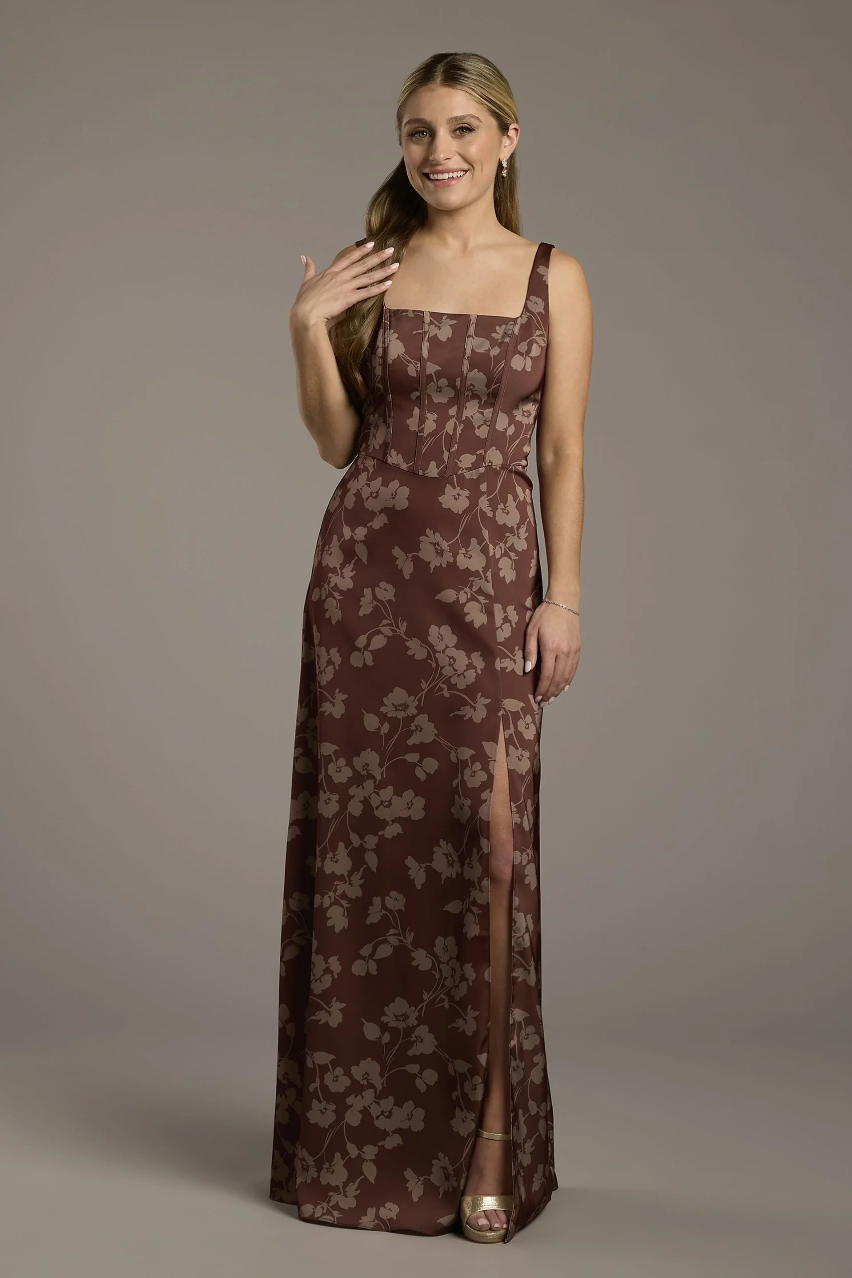Floral Print Matte Satin Corset Square Neck Dress