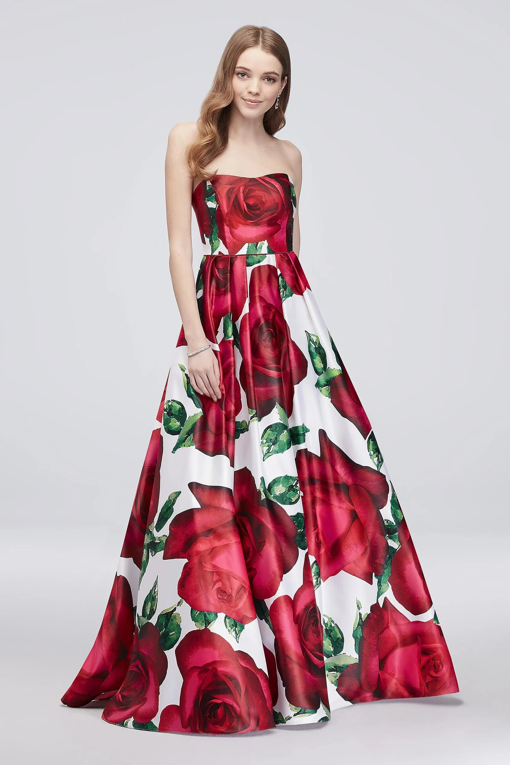 Floral Print Strapless Lace-Up Satin Ball Gown