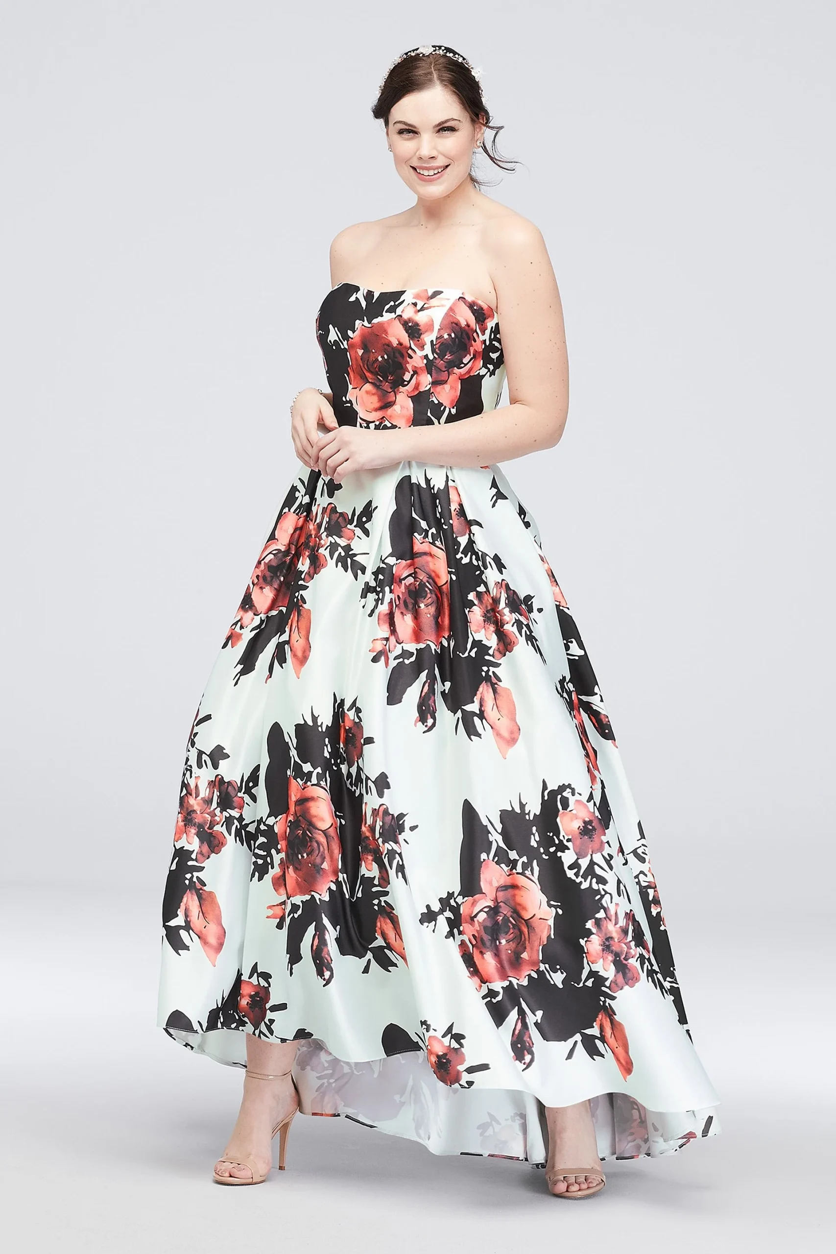 Floral Satin Plus Size Gown with High-Low Hem