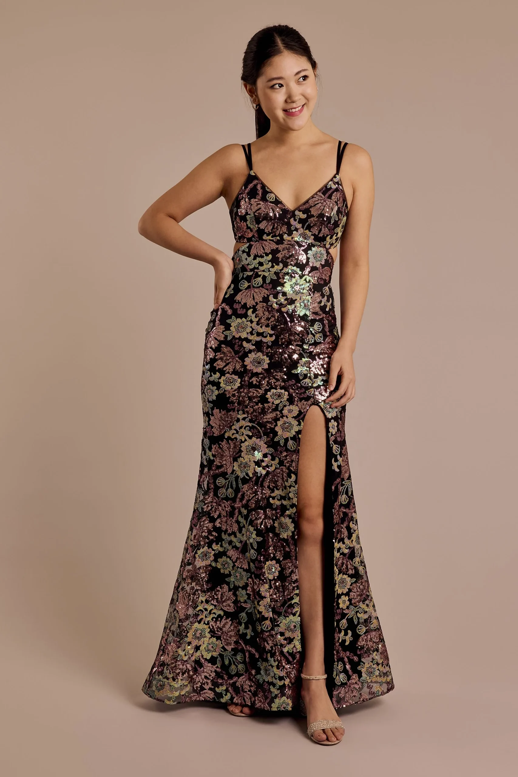 Floral Sequin Mermaid Dress with Cutout