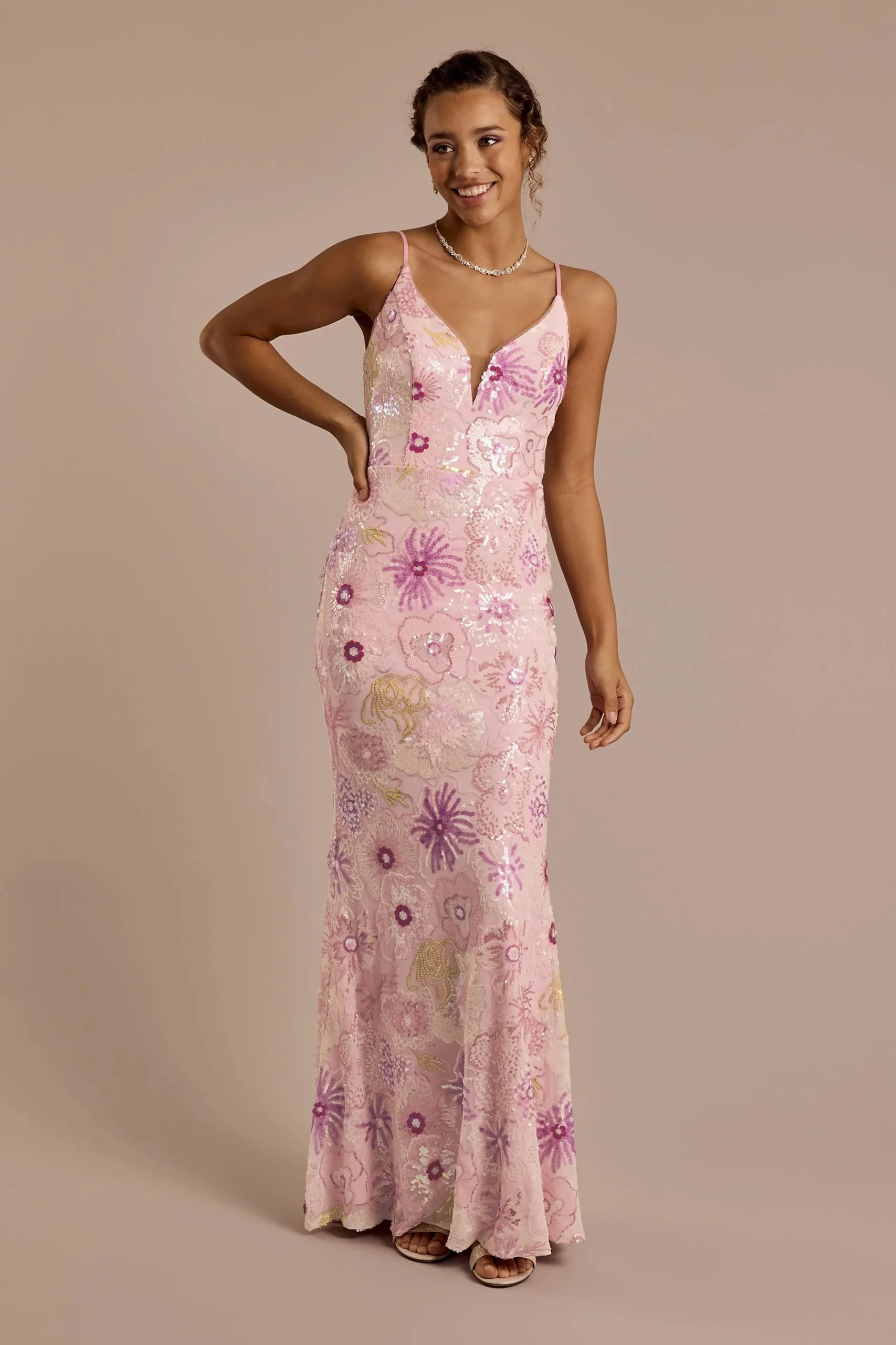 Floral Sequin Spaghetti Strap Sheath Dress