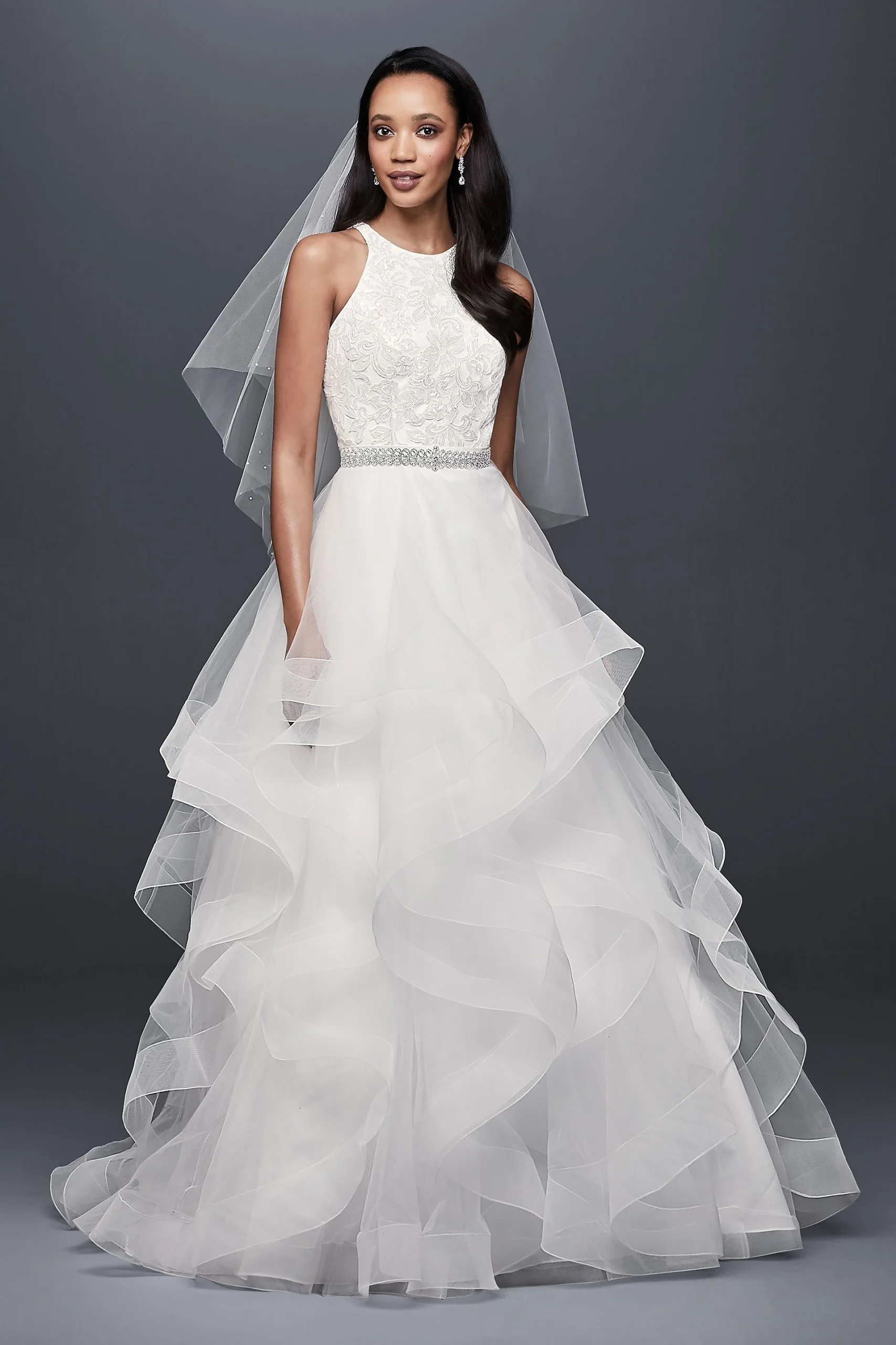 Floral Sequin Tiered Plus Size Wedding Dress