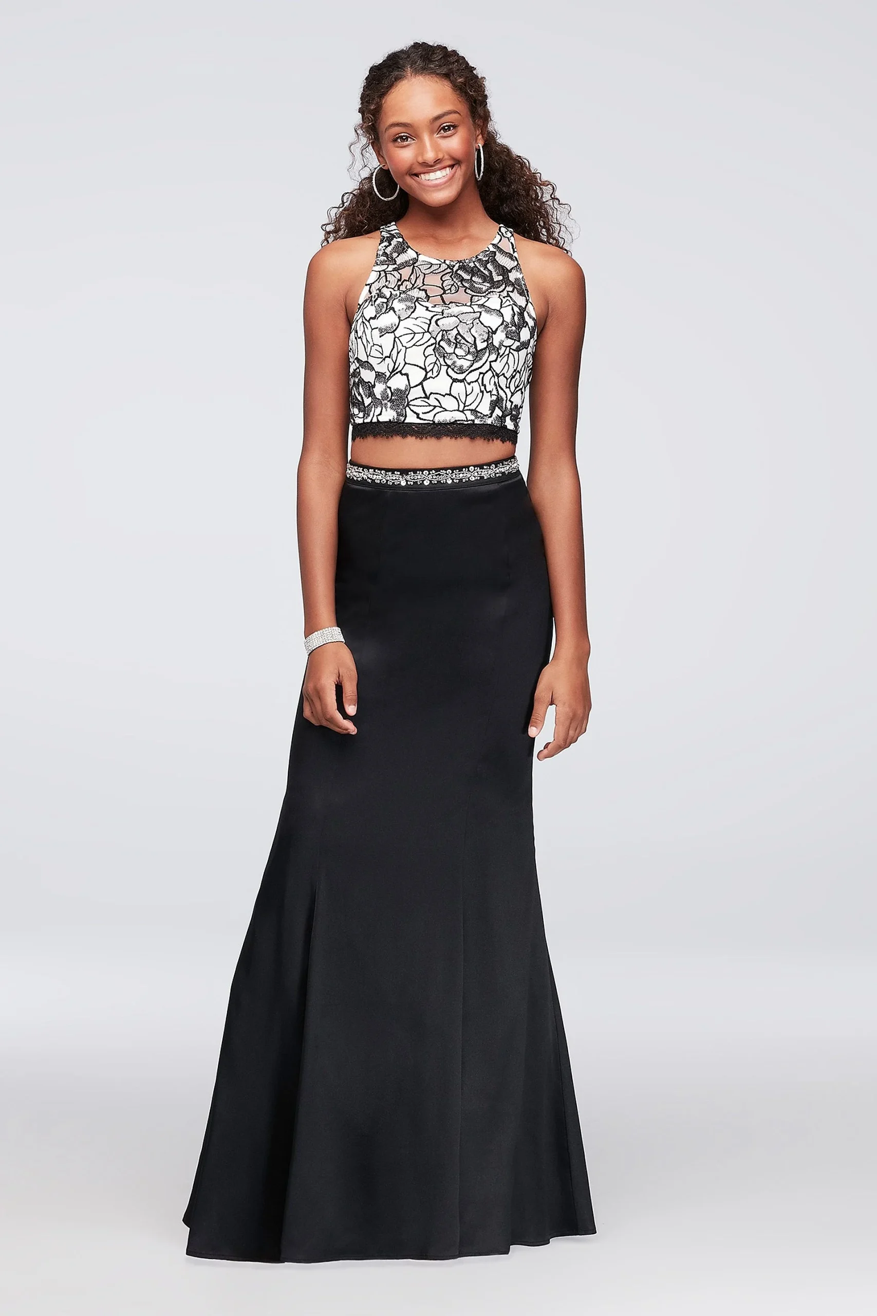 Floral Sequin Two-Piece Dress with Satin Skirt