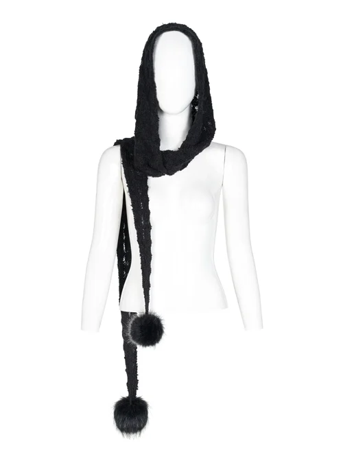 Fluffy Ball Decoration Black Gothic Hollow-Out Imitation Woven Hooded Scarf