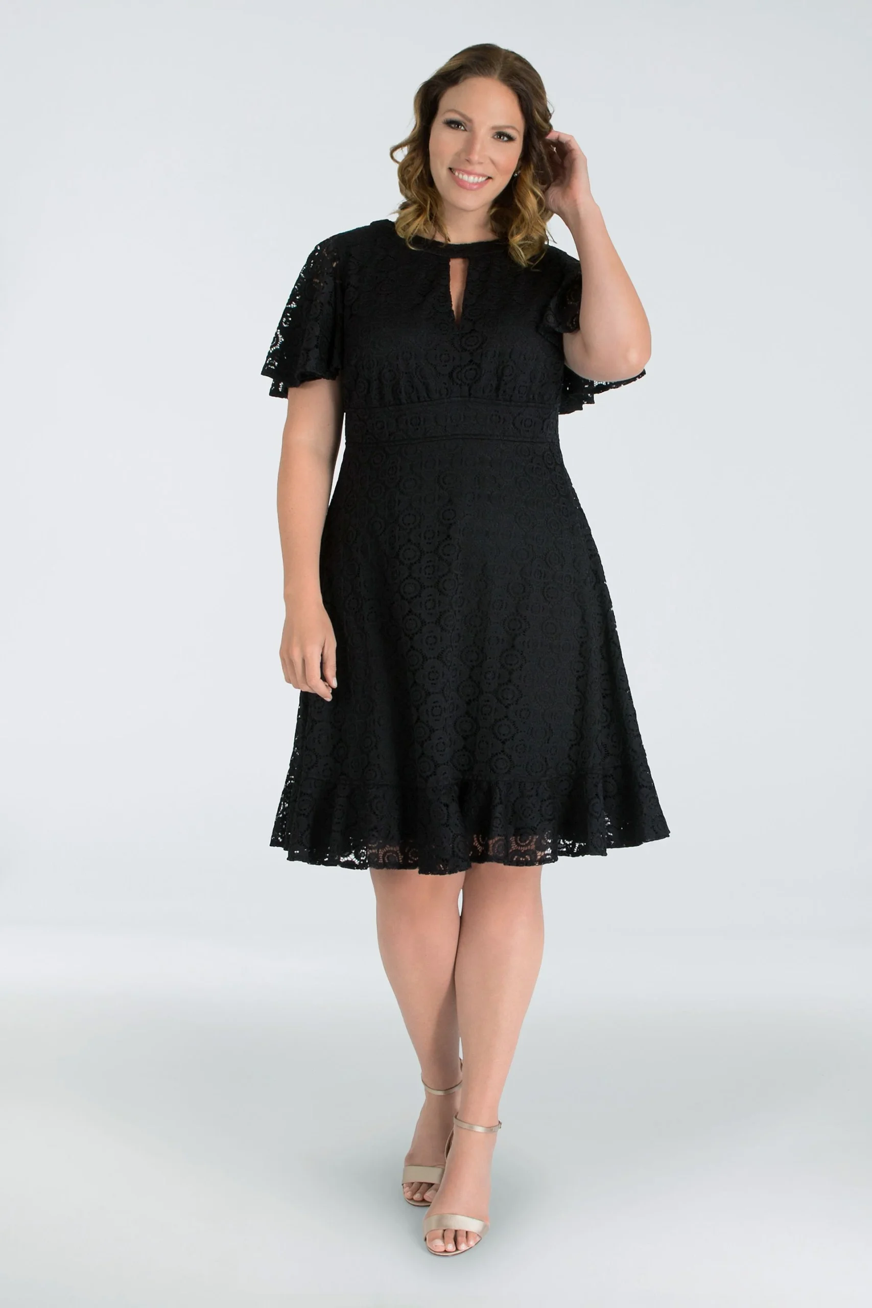 Flutter Sleeve Keyhole Lace Dress with Ruffle