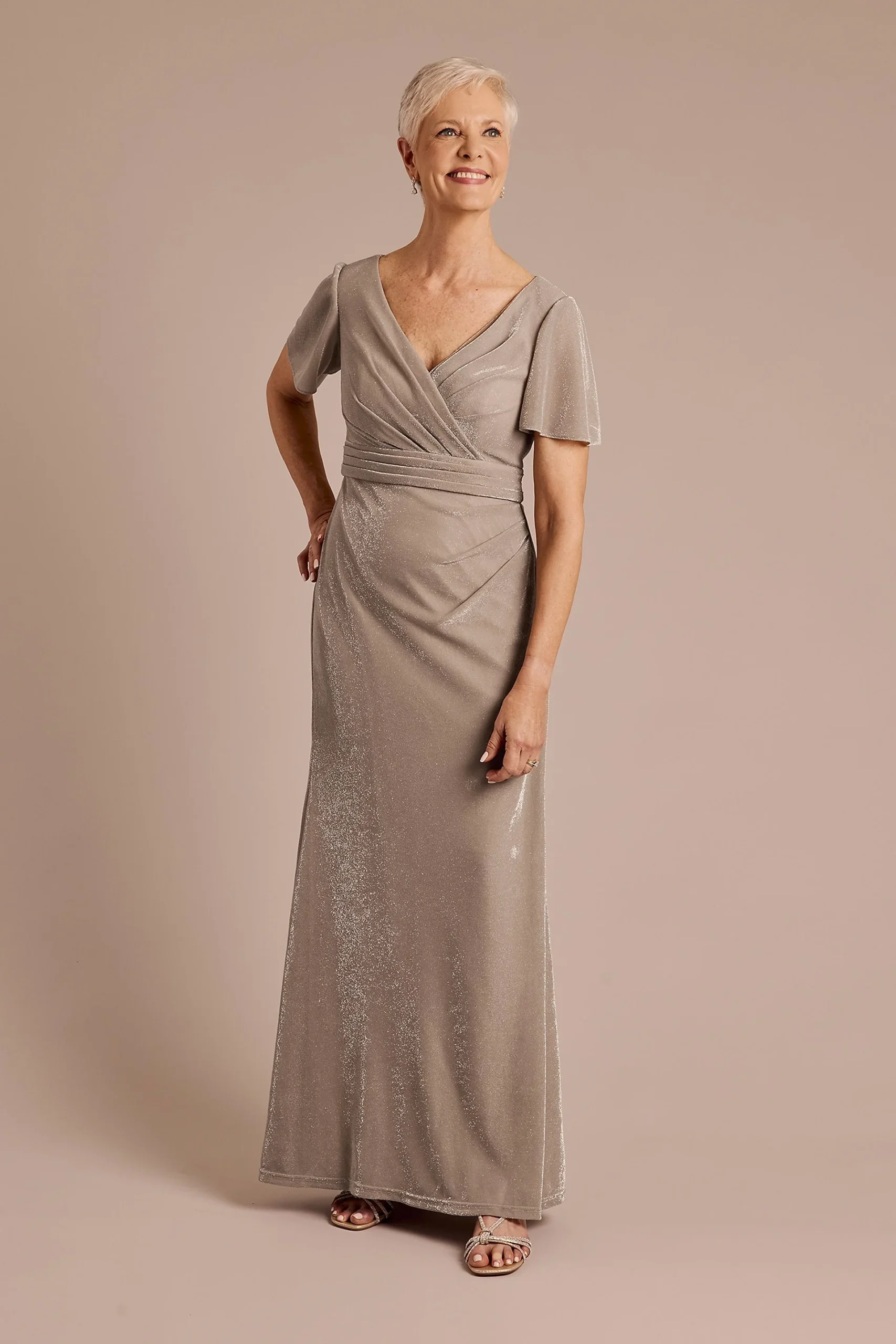 Flutter Sleeve Metallic Knit A-Line Dress